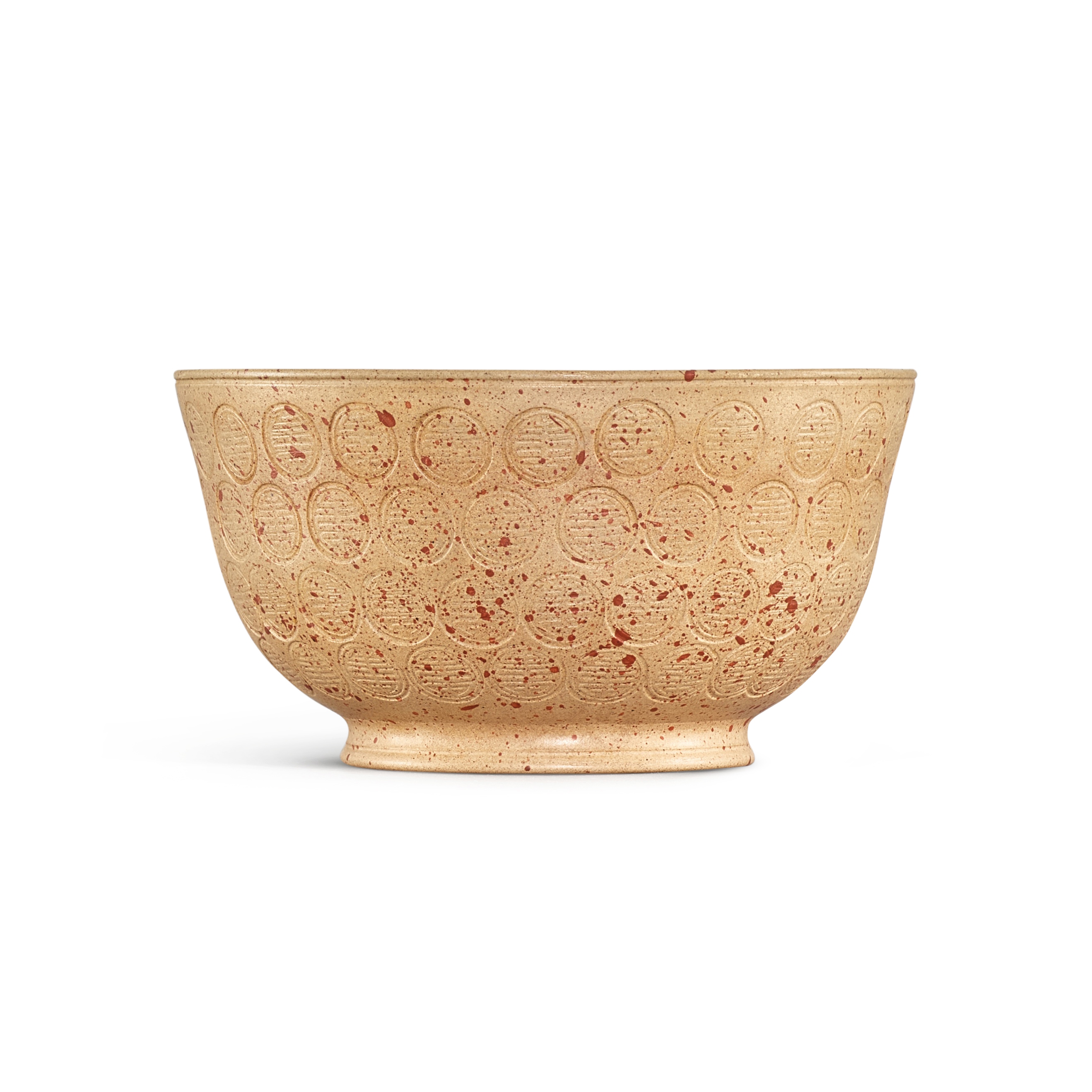 A Yixing white clay 'longevity' bowl, — A Yixing white clay 'longevity' bowl, Seal mark and period of Qianlong 清乾隆　宜興白泥灑紅團壽紋盌 《大清乾隆年製》款