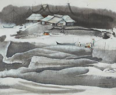 Sampans against a village 村落船隻