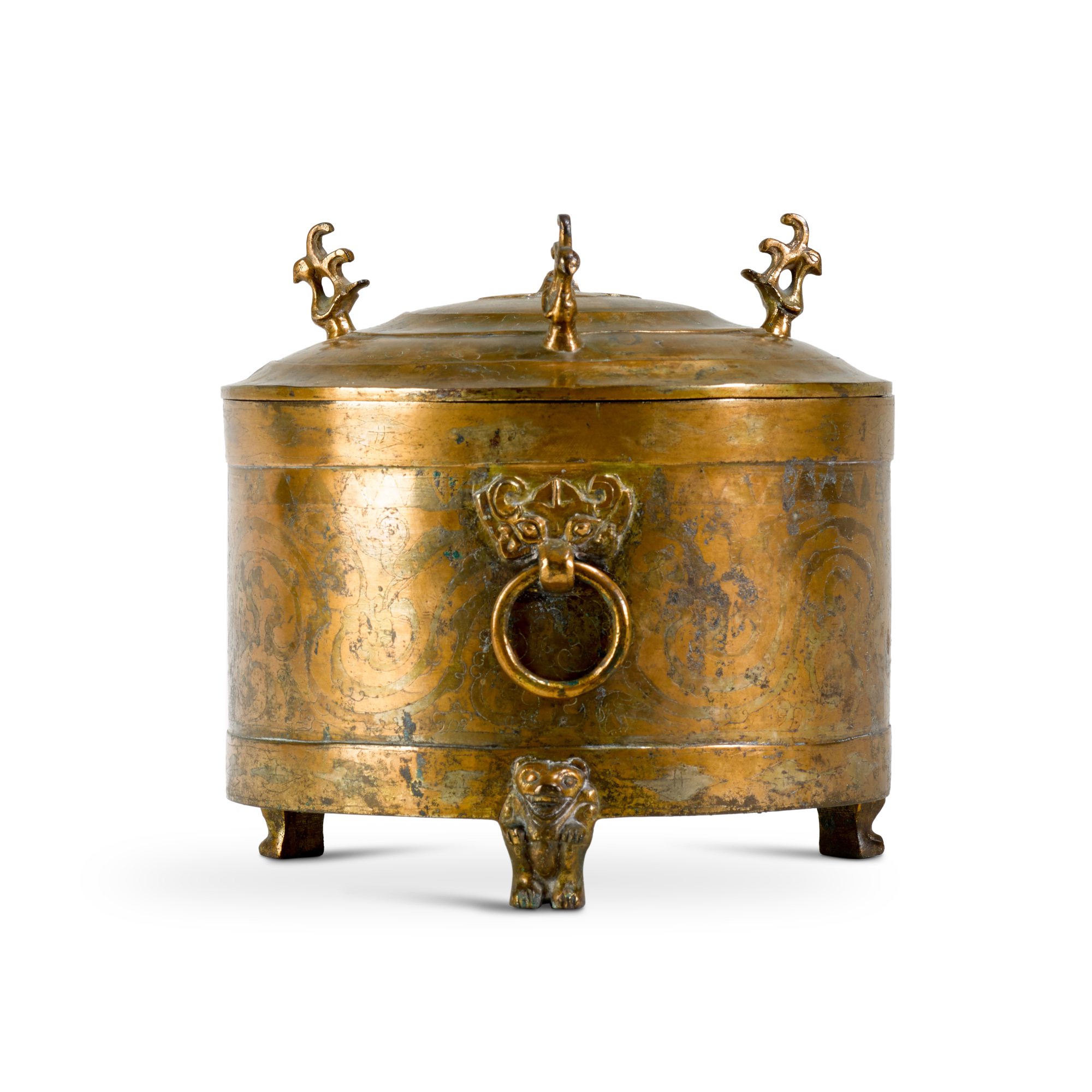 Unknown — 漢 銅鎏金銀狩獵紋鋪首銜環蓋樽