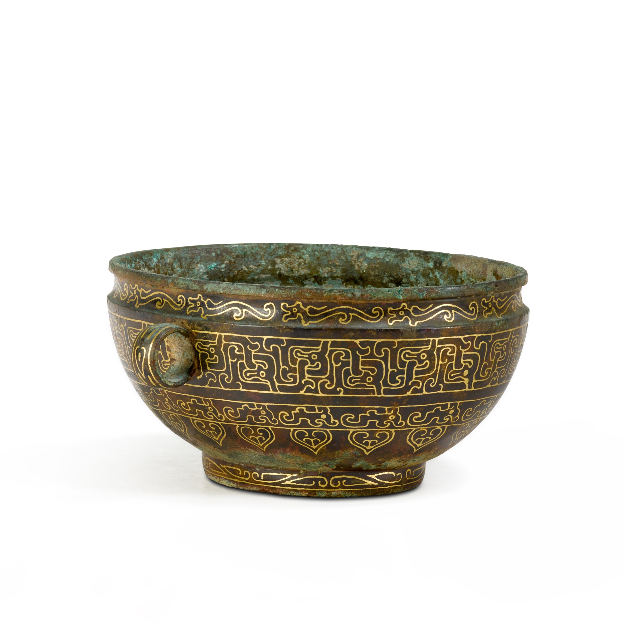 A gold-inlaid bronze oval handled vessel, — 東周春秋時期 銅錯金夔龍紋敦