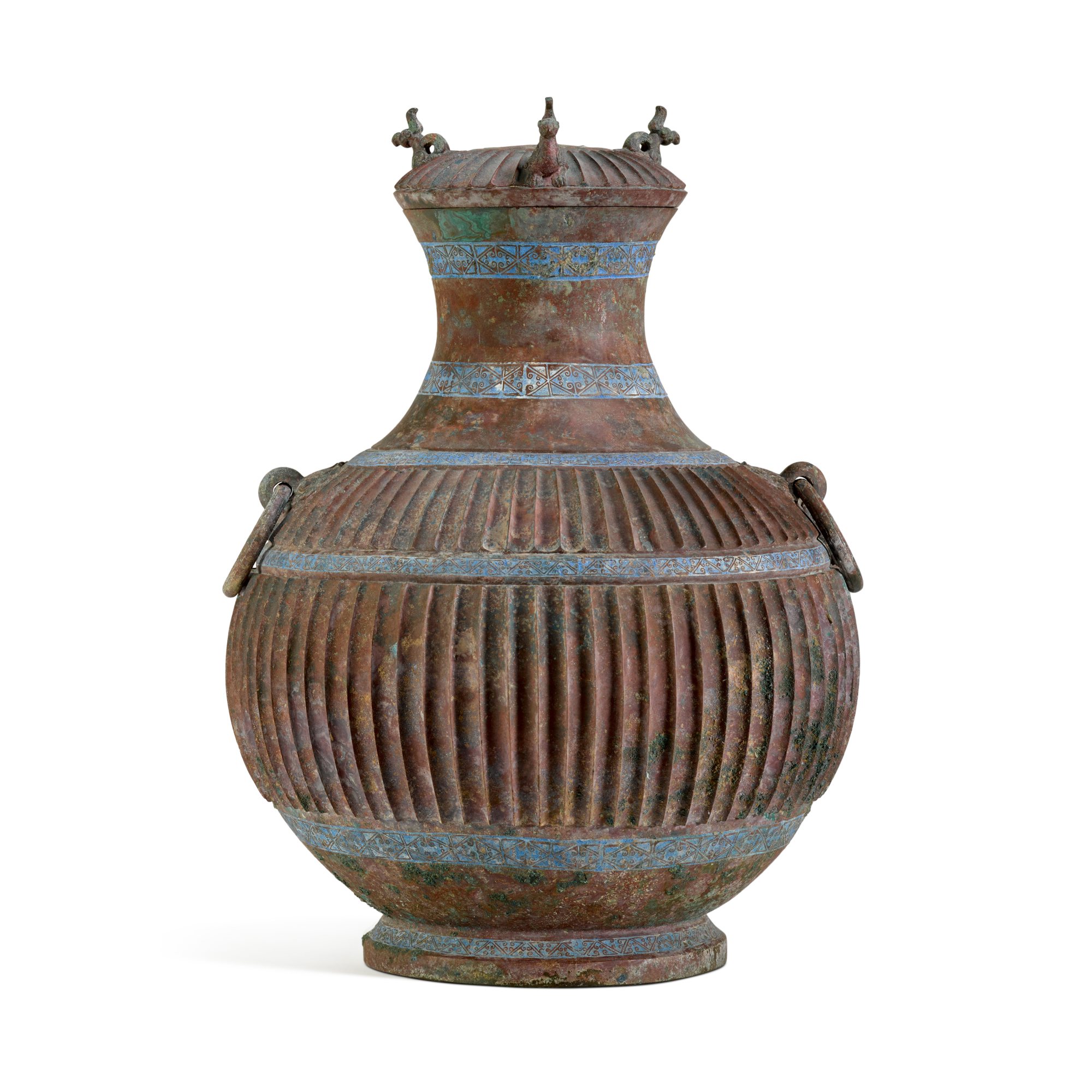 An unusual azurite-painted bronze ribbed vessel and cover, hu, — 東周 青銅嵌石青豎棱蓋壺