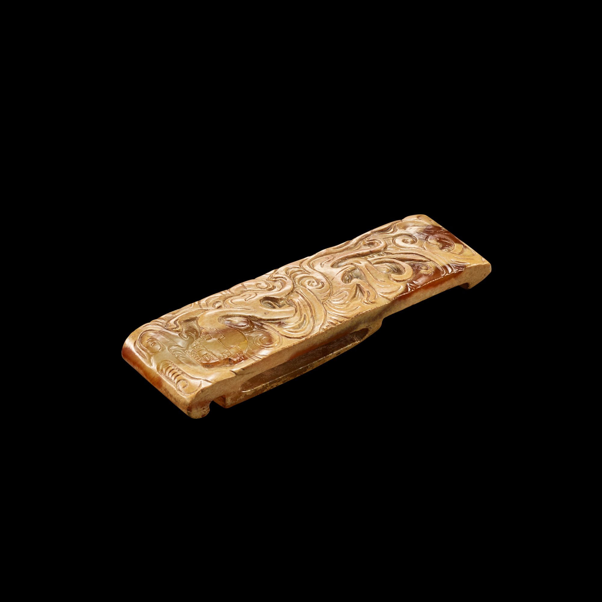 A jade 'chilong and clouds' scabbard slide, — 漢 玉螭龍紋劍璏