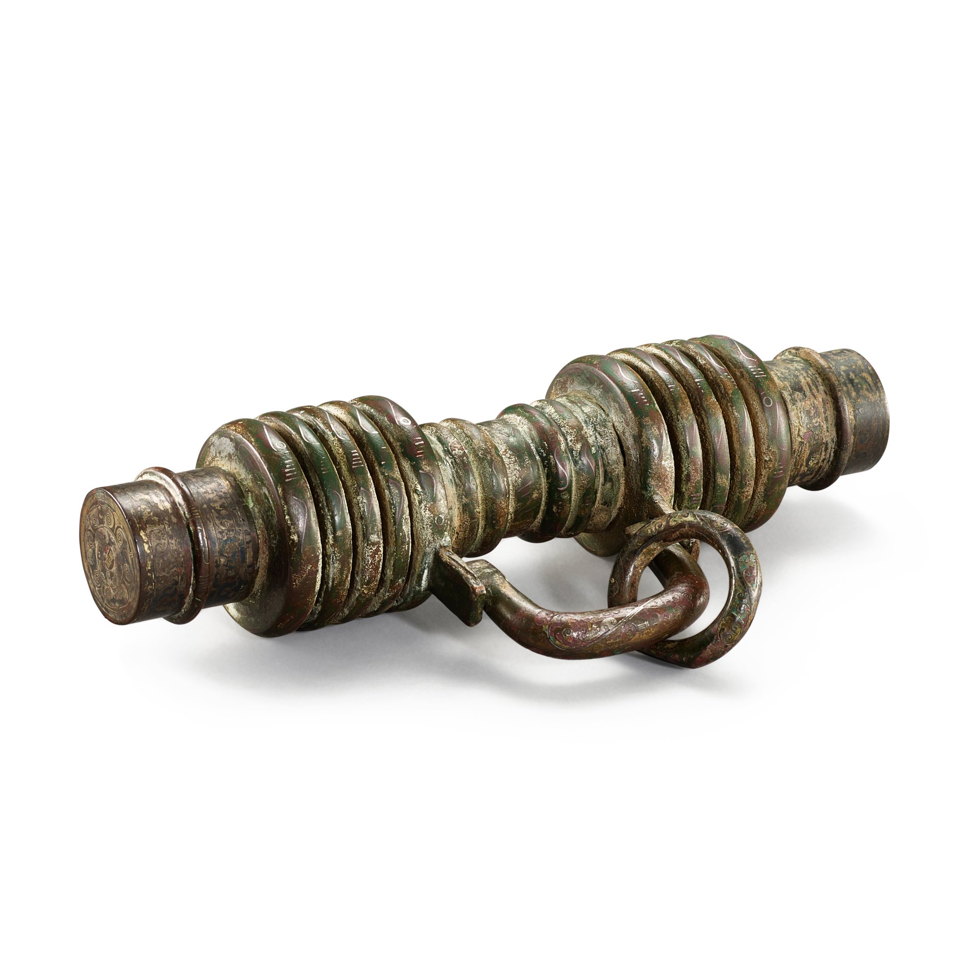 Unknown — A pair of inscribed silver-inlaid bronze chariot fittings,  Eastern Zhou dynasty, Warring States period - Western Han dynasty 