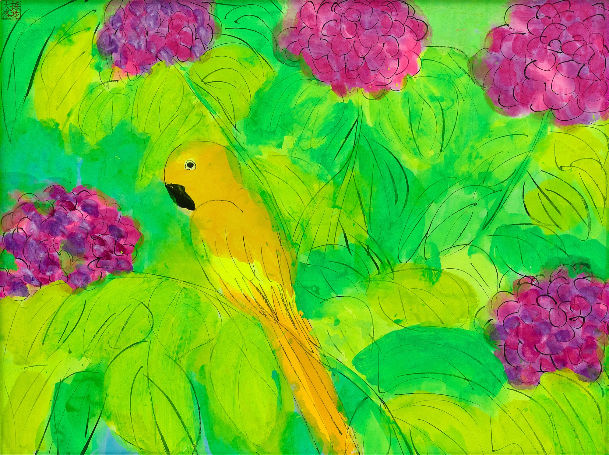 Walasse Ting — Parrot with flowers 鸚鵡與花