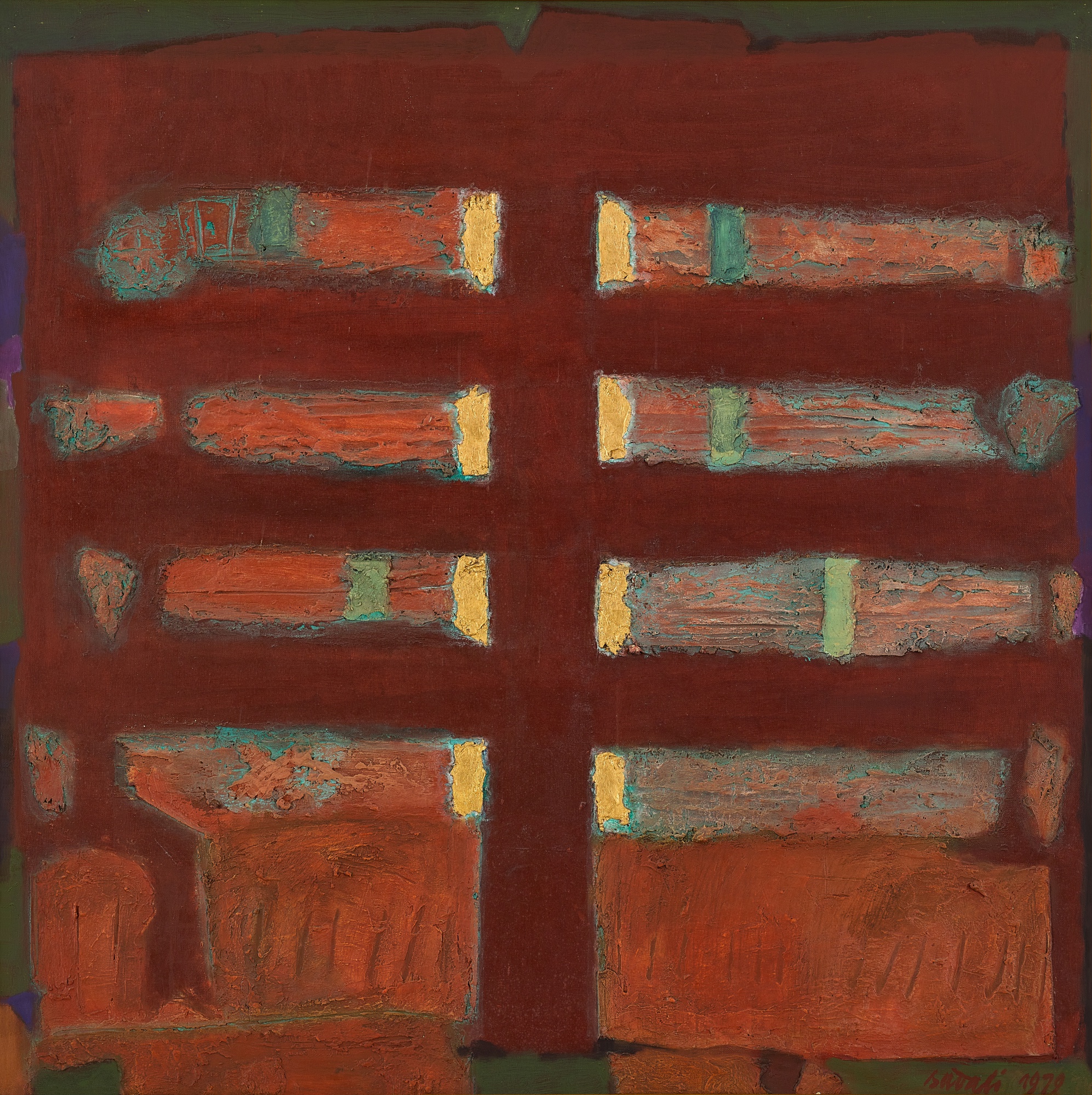 Batang-batang merah bata dan sisa-sisa emas (Brick-red blocks and remnants of gold) 紅磚圖案與金色