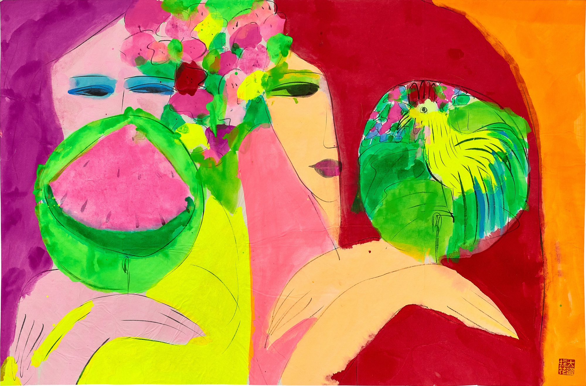 Walasse Ting — Two ladies with fans 雙美執扇圖