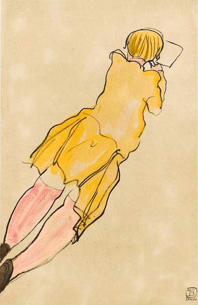 Femme à la robe jaune avec chaussettes roses 黃洋裝粉長襪女士