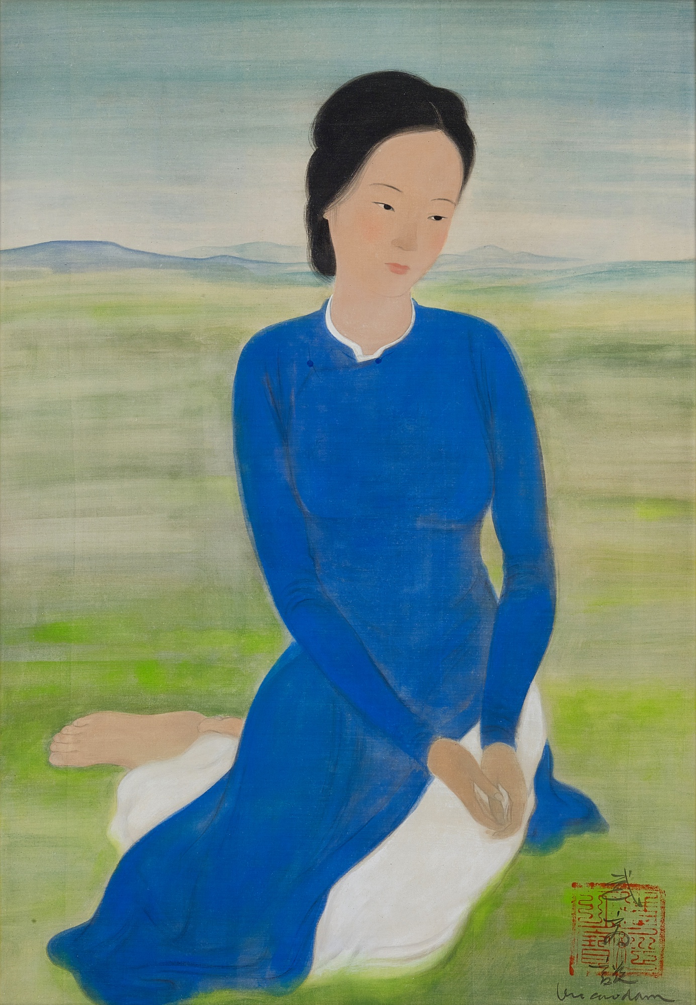 Vu Cao Dam — Jeune femme en bleu dans un paysage 藍色風景中的少女