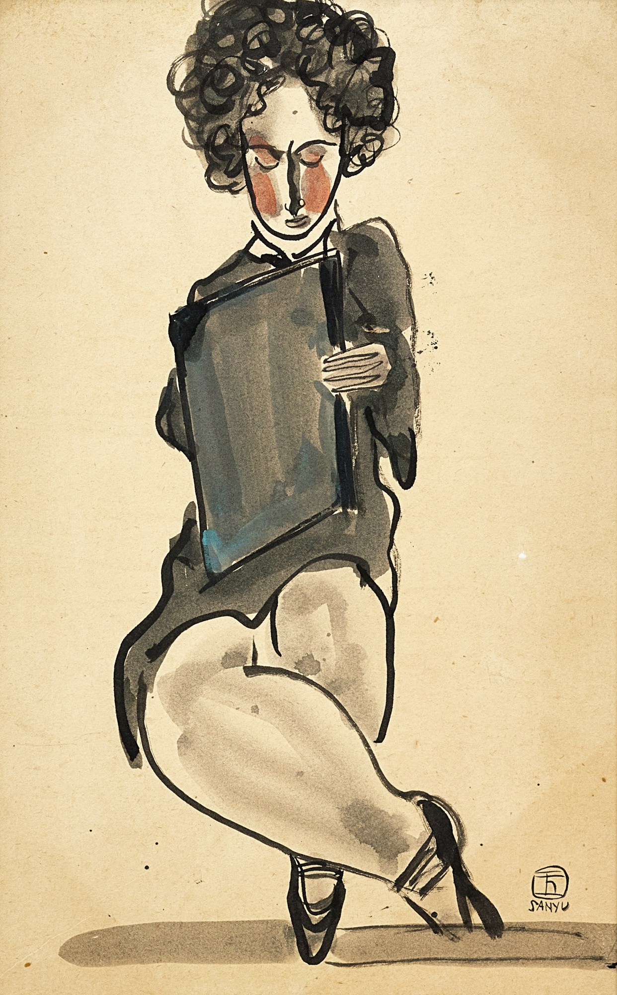 Sanyu — Femme tenant un carnet bleu 攜藍本子的女士