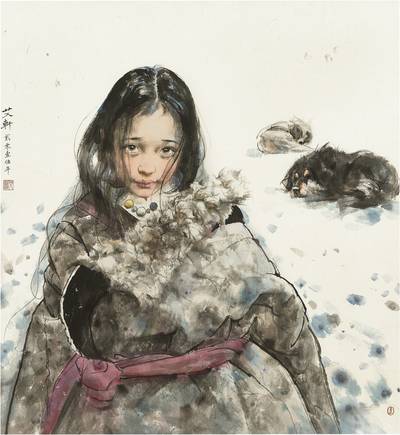 Tibetan Girl and Dogs 藏女與藏獒