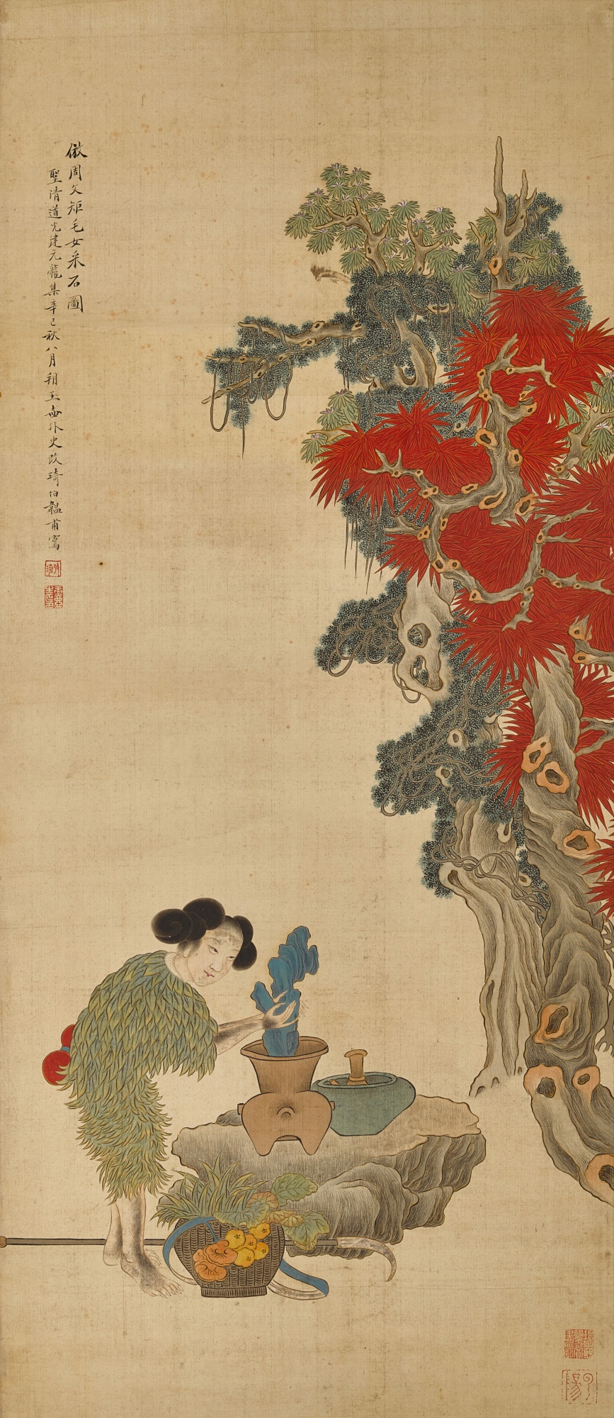Gai Qi 1773 - 1828 — Painting after Zhou Wenju 倣周文矩毛女采石圖