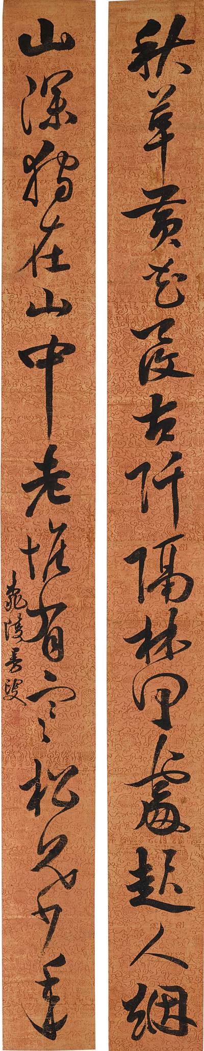 Calligraphy couplet of Liu Changqing’s poem in cursive script 草書劉長卿《尋盛禪師蘭若》詩聯