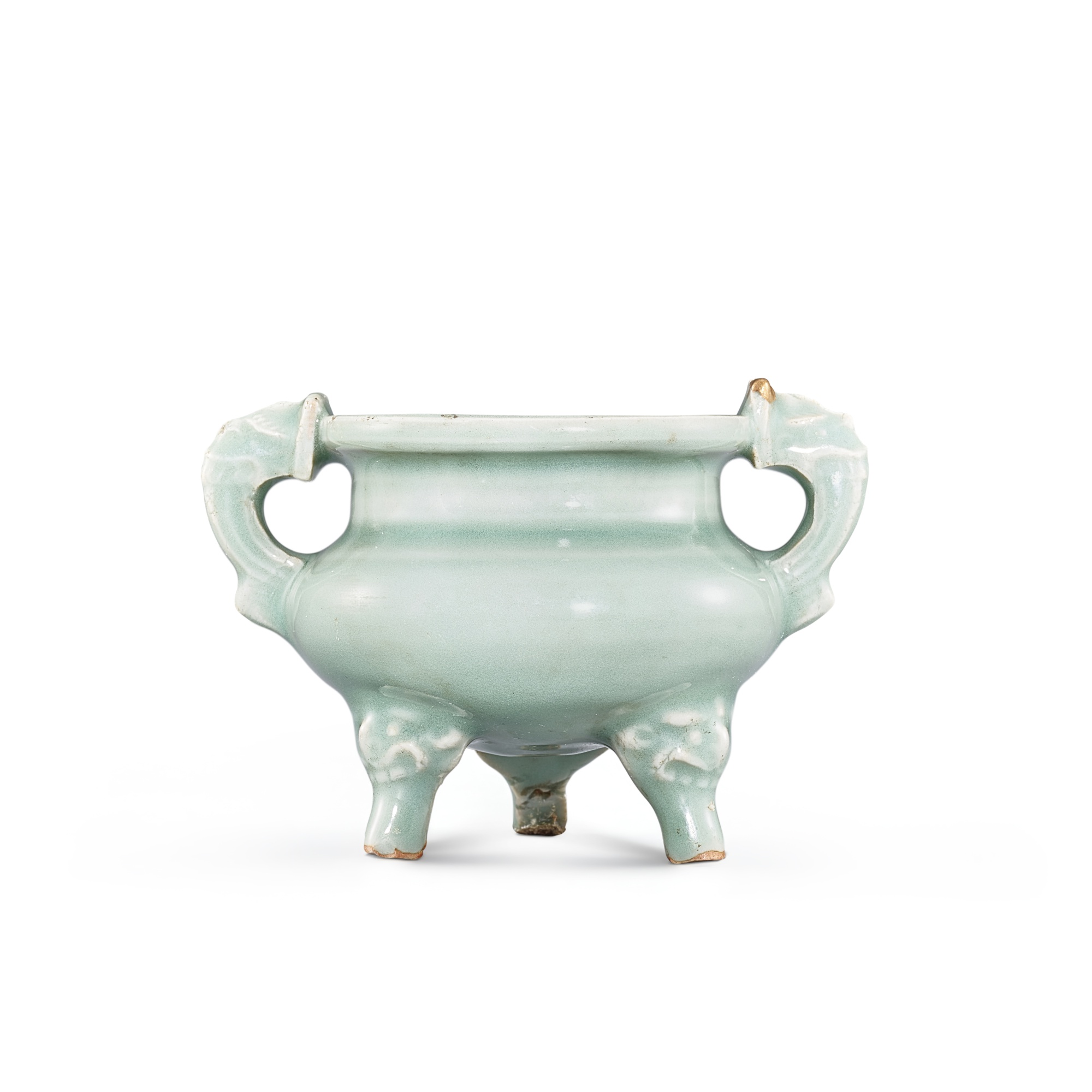 A very rare Longquan celadon 'dragon'-handled tripod incense burner, — 南宋 龍泉青釉龍耳三足爐