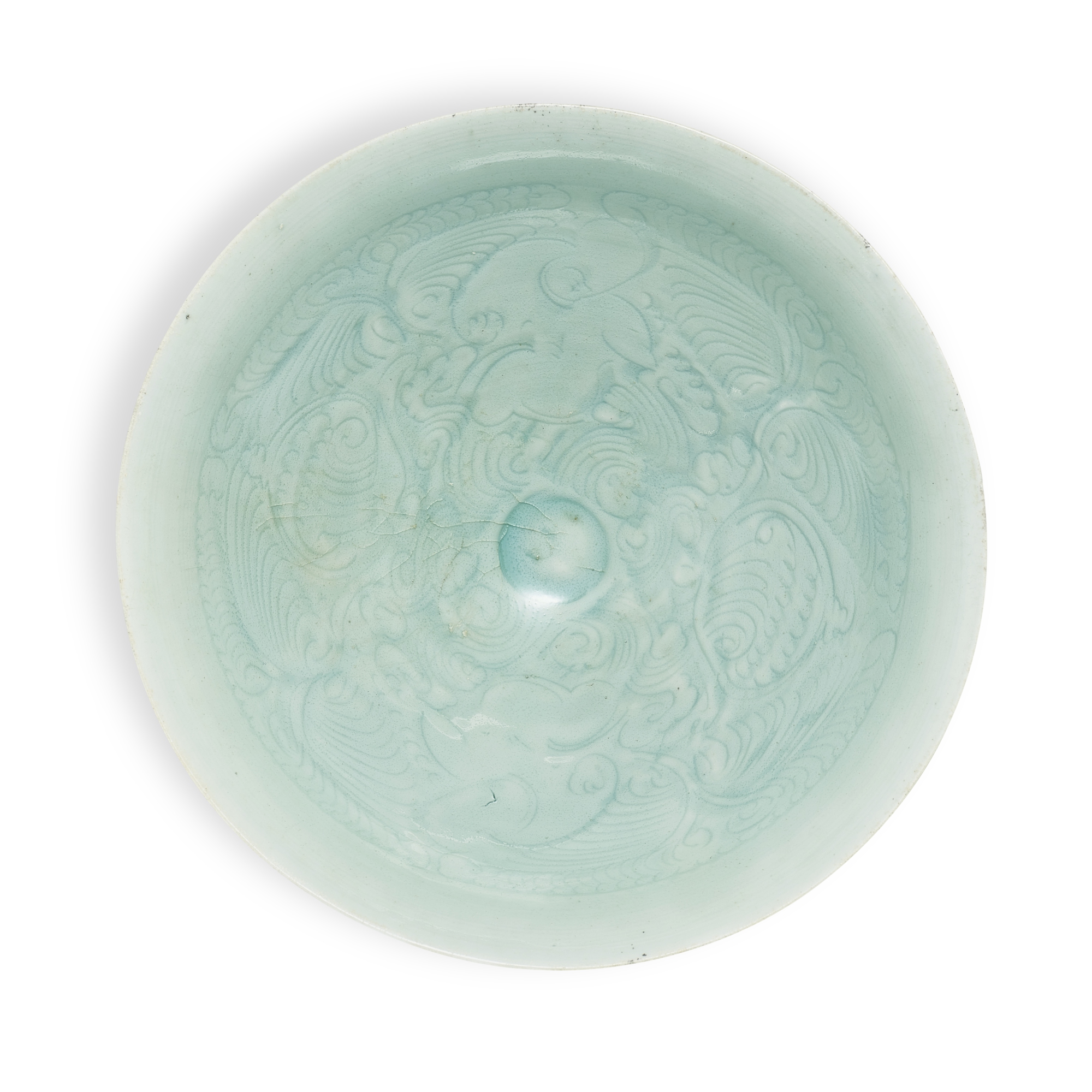 A large carved qingbai 'boys' bowl, — 南宋 青白釉刻花嬰戲紋笠式盌