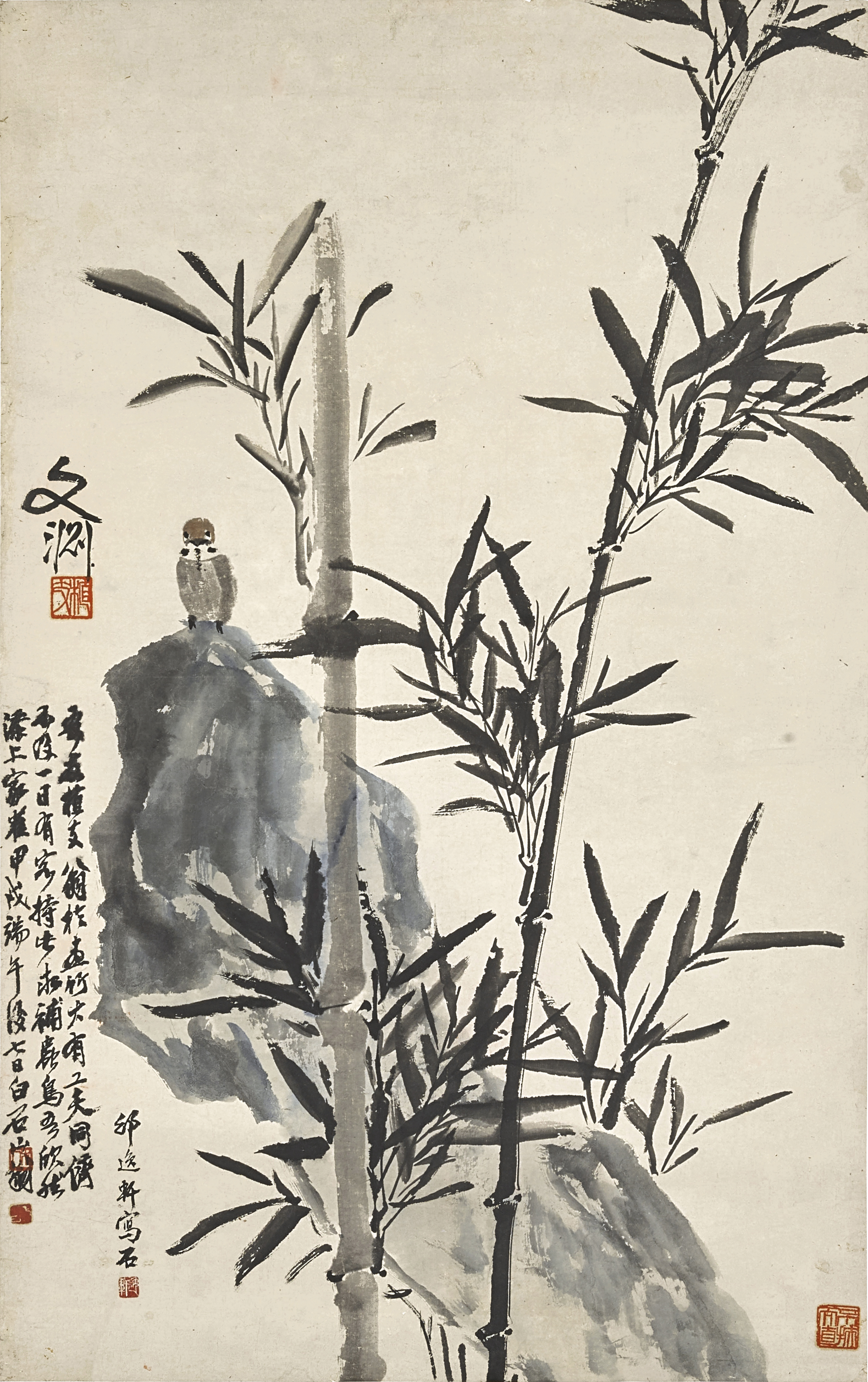 Qi Baishi; Ling Wenyuan; Shao Yixuan — Qi Baishi (1864-1957); Ling Wenyuan (1876-1944); Shao Yixuan (1886-1954), Sparrow, Bamboo and Rock
