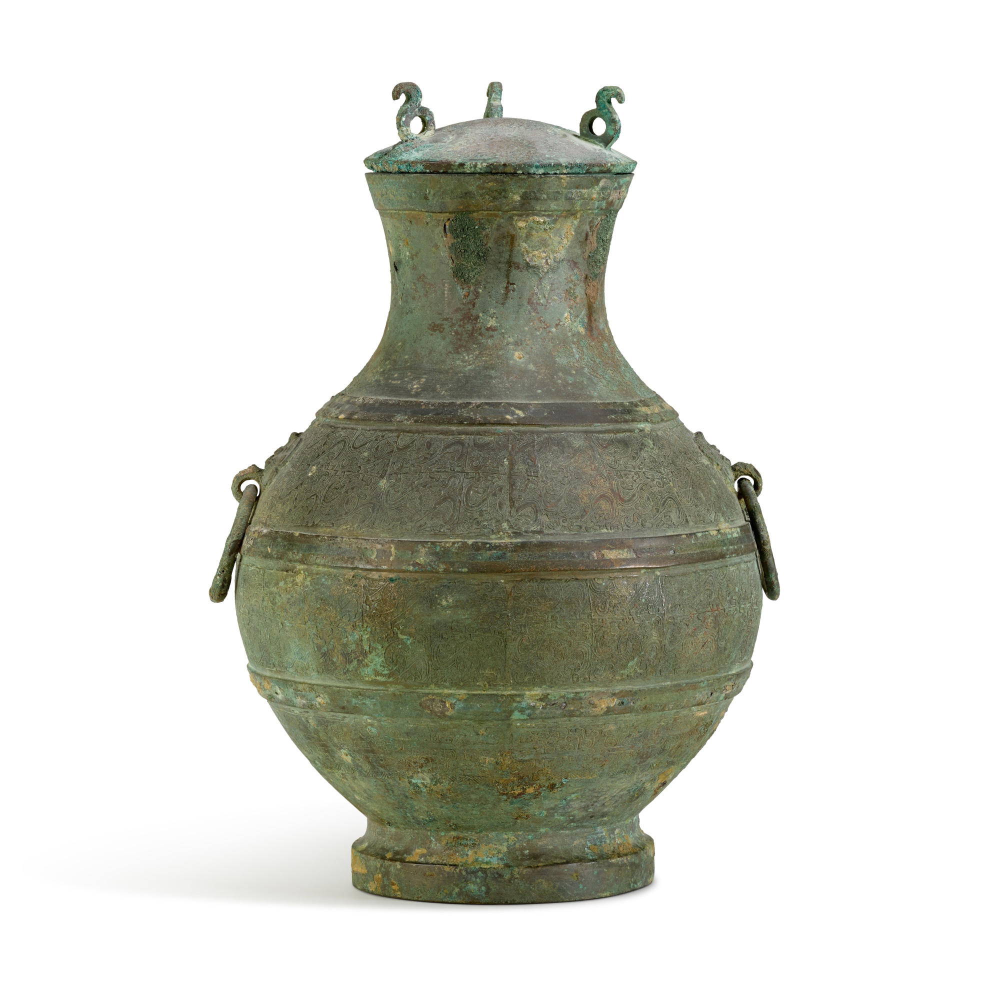 Unknown — An archaic copper-inlaid bronze wine vessel, hu, Eastern Zhou dynasty, Warring States period 東周戰國時期 青銅嵌紅銅蟠螭紋壺