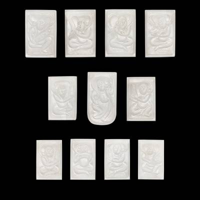 A set of eleven white jade ‘musicians and dancers’ belt plaques, Tang dynasty 唐 白玉雕伎樂紋帶珮一組十一件