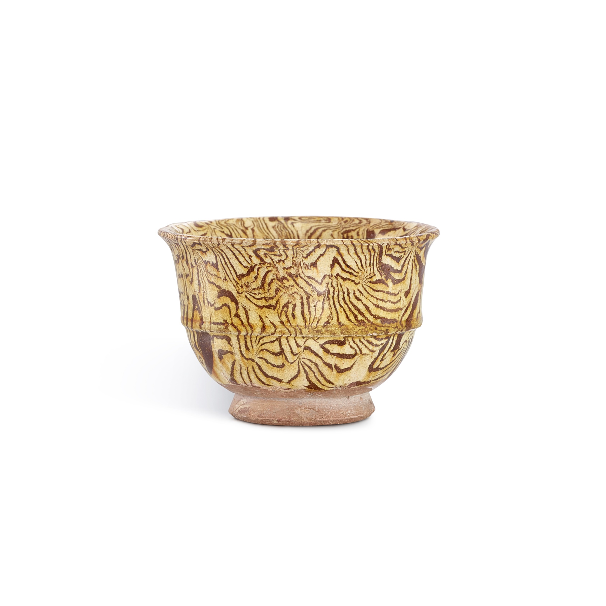 A yellow-glazed marbled cup, — A yellow-glazed marbled cup, Tang dynasty 唐 黃釉絞胎弦紋盃