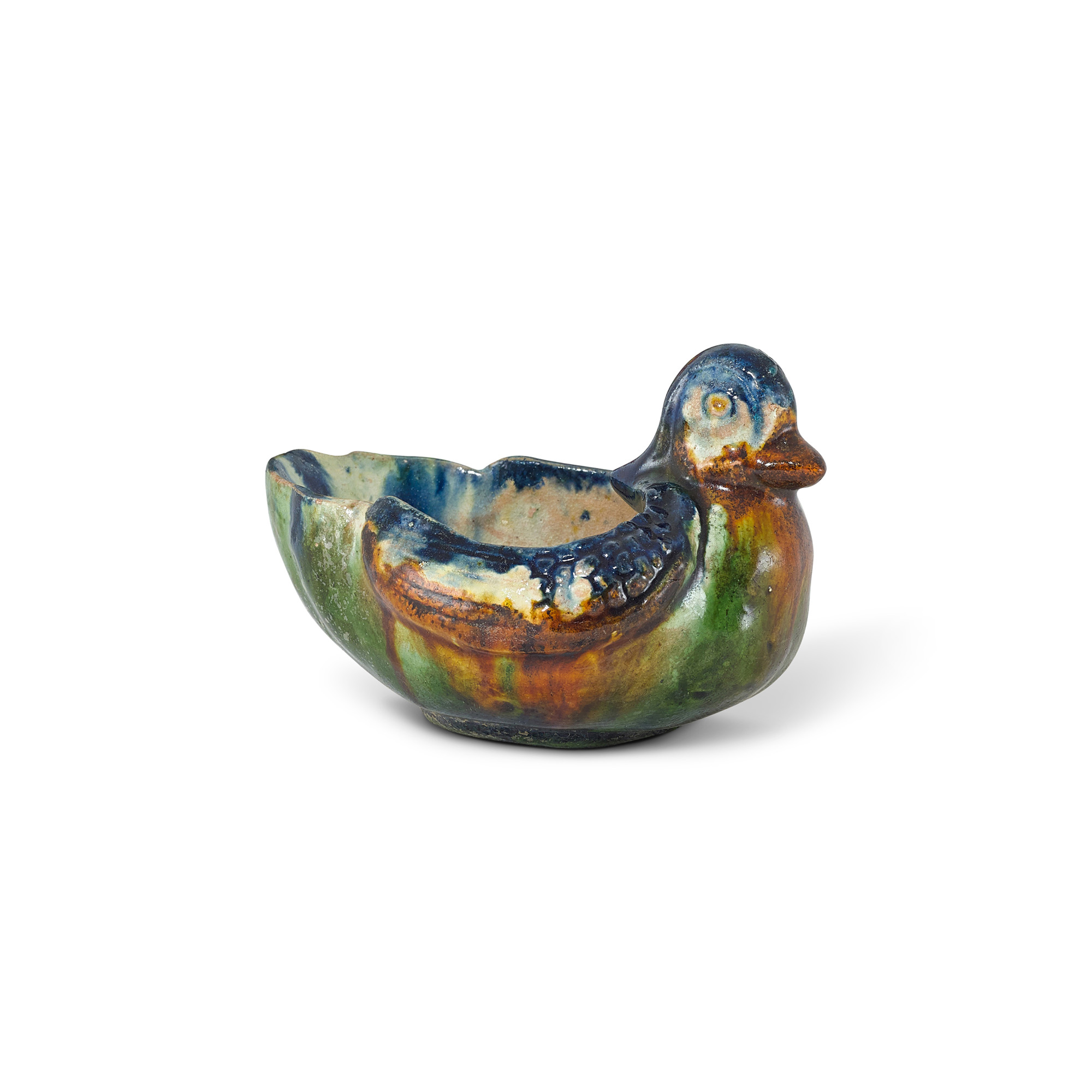 Unknown — A blue and sancai-glazed 'mandarin duck' wine vessel, Tang dynasty 唐 三彩加藍鸂鶒酒卮