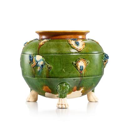 A large blue and sancai appliqué-decorated tripod incense burner, Tang dynasty 唐 三彩加藍貼花獅弦紋三足爐