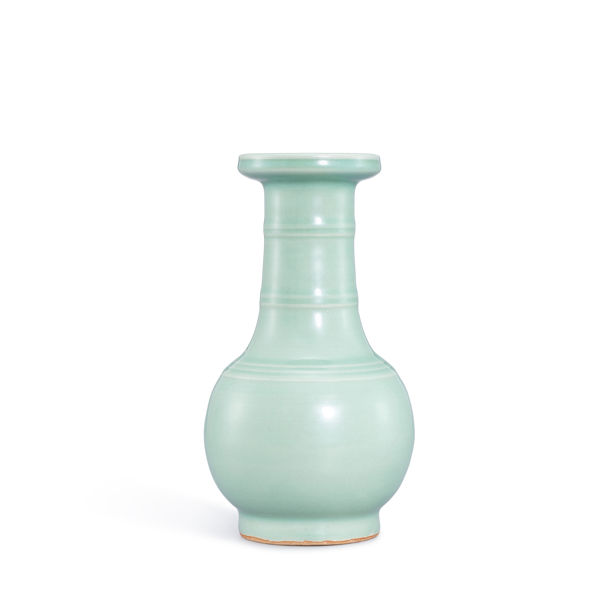A Longquan celadon 'bamboo-neck' bottle vase — A Longquan celadon 'bamboo-neck' bottle vase 龍泉青釉弦紋盤口瓶