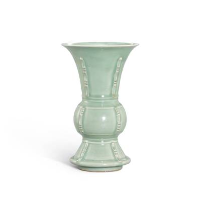 A Longquan celadon gu-shaped vase, Yuan dynasty 元 龍泉青釉花出戟觚