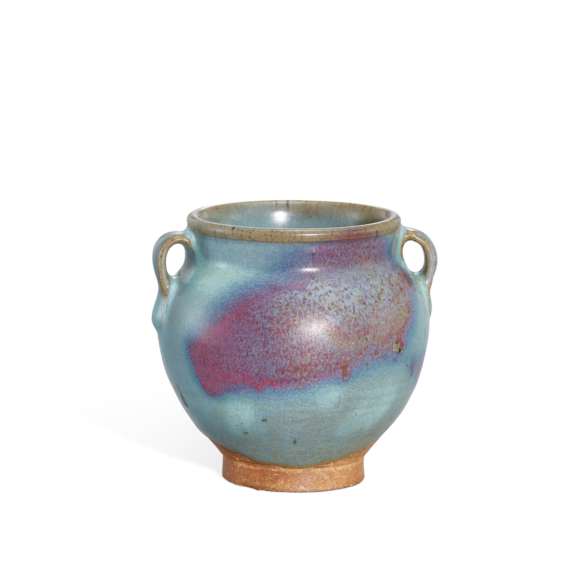 Unknown — A small Junyao purple-splashed handled jar, Jin dynasty 金 鈞窰天藍釉紫斑雙繫小罐