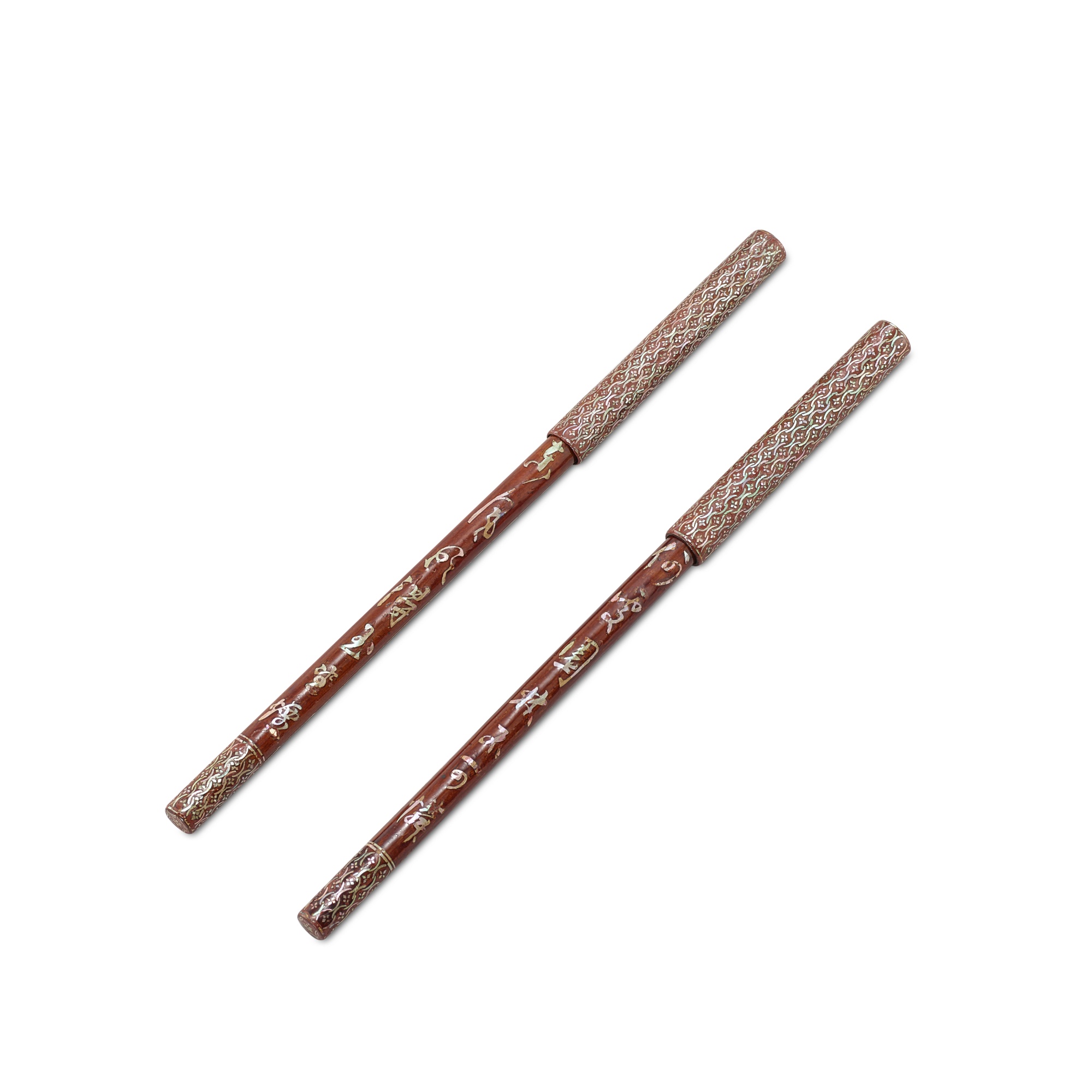 Unknown (Historical) — A pair of inscribed mother-of-pearl-inlaid lacquer brushes and covers, Late Ming dynasty 明末 漆嵌螺鈿詩文筆管及筆帽一對