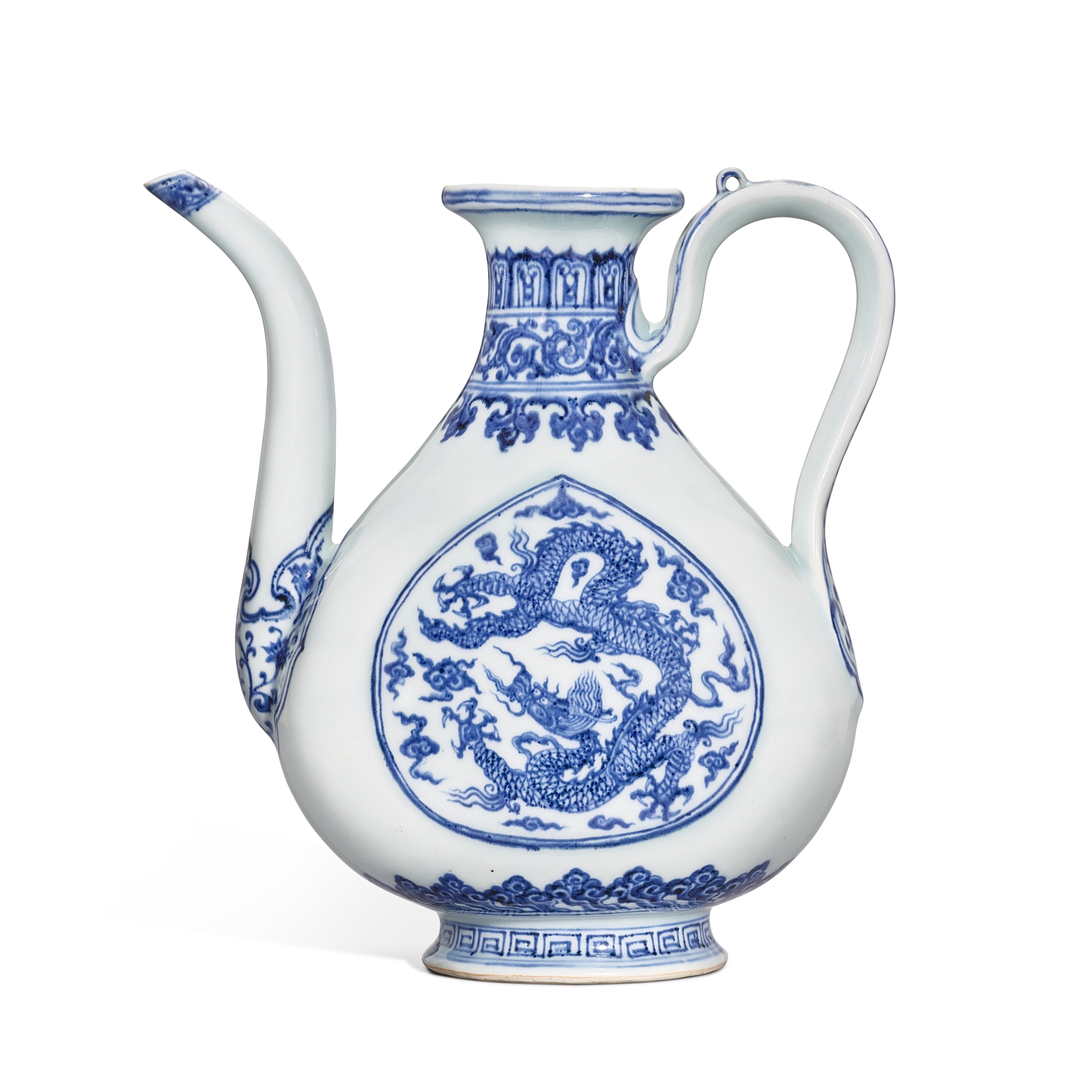 A unique and outstanding imperial blue and white 'dragon' ewer, — 明永樂 御製青花雲龍紋執壺
