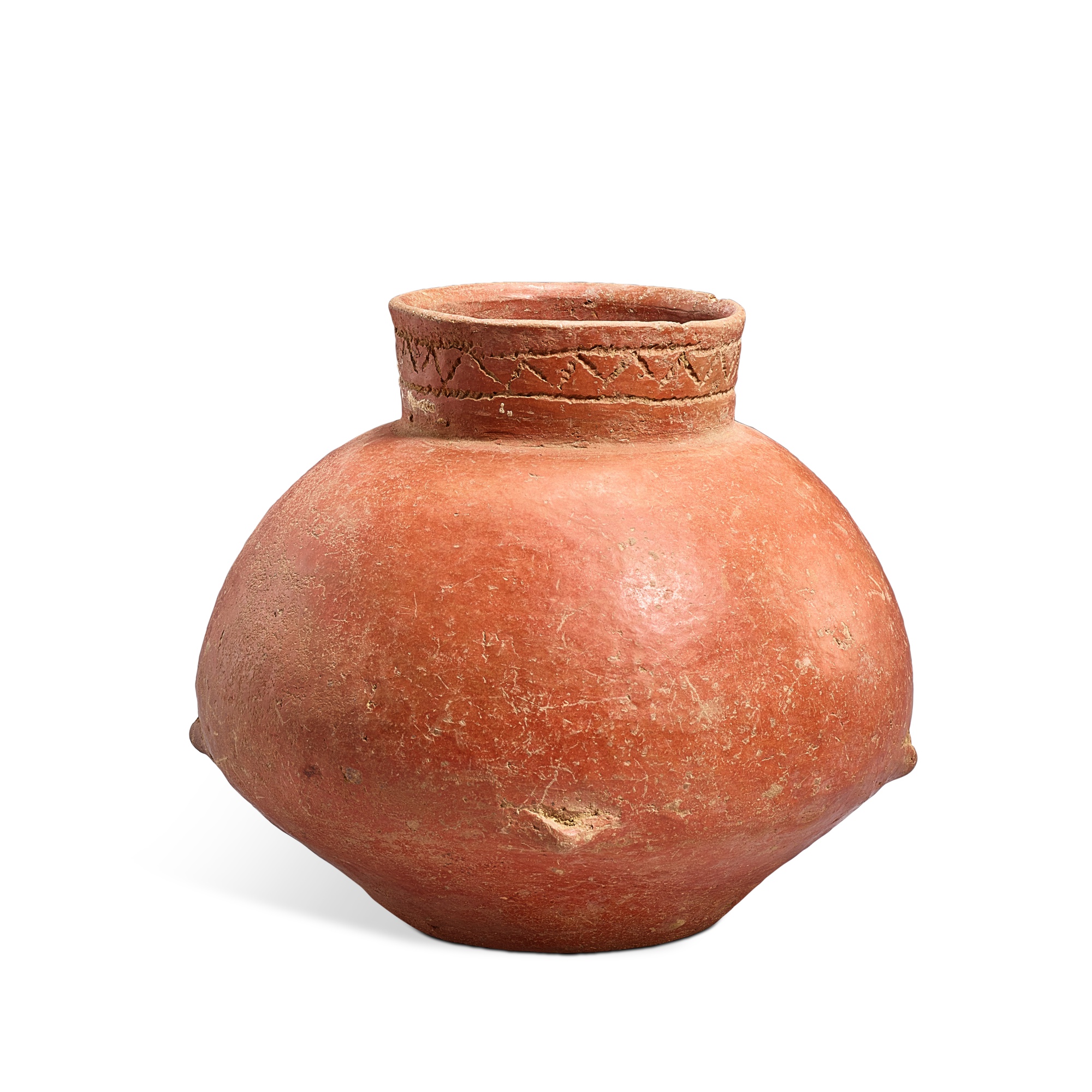A red pottery jar with pricked designs, — A red pottery jar with pricked designs, Hongshan culture, c. 4500-3000 BC 紅山文化 紅陶錐刺紋罐