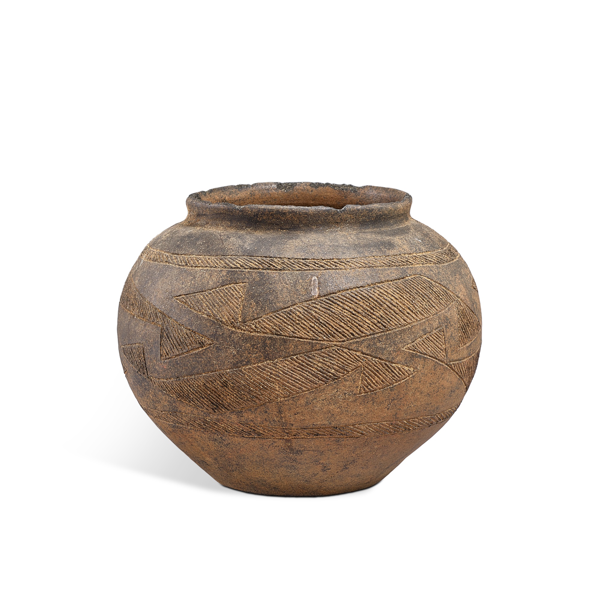 A gray pottery jar with incised designs, — A gray pottery jar with incised designs, Probably Angangxi Culture, 5th - 4th millenium BC 或昂昂溪文化 刻紋灰陶罐