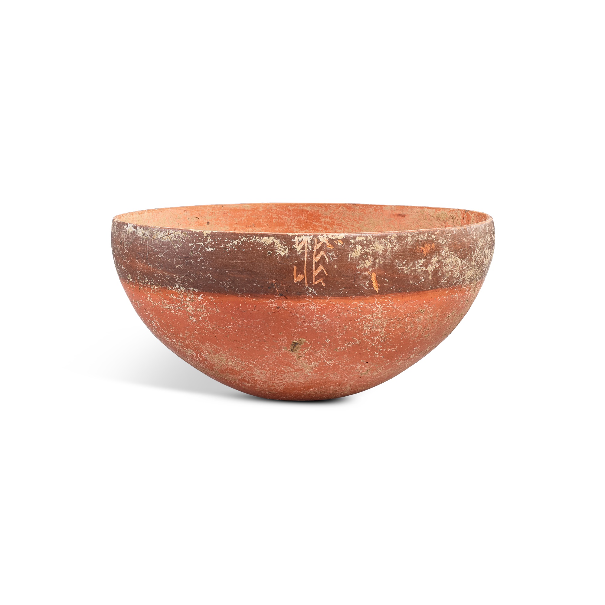 An incised large red pottery bowl, — An incised large red pottery bowl, Yangshao culture, Banpo phase, c. 4800-4300 BC 仰韶文化 半坡類型 紅陶刻符缽