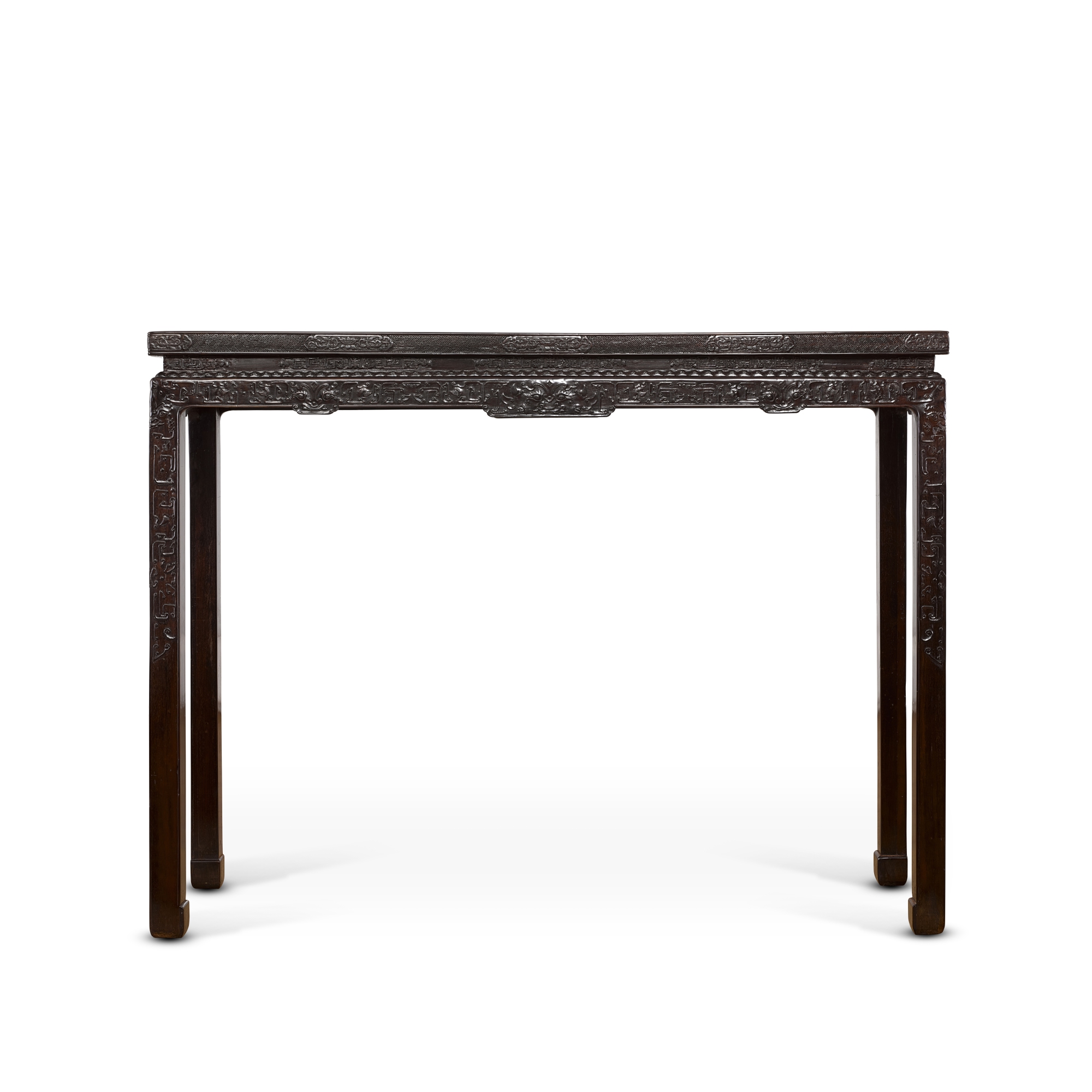 A zitan corner-leg table, tiaozhuo, — 清十八至十九世紀 紫檀花卉拐子龍有束腰條桌