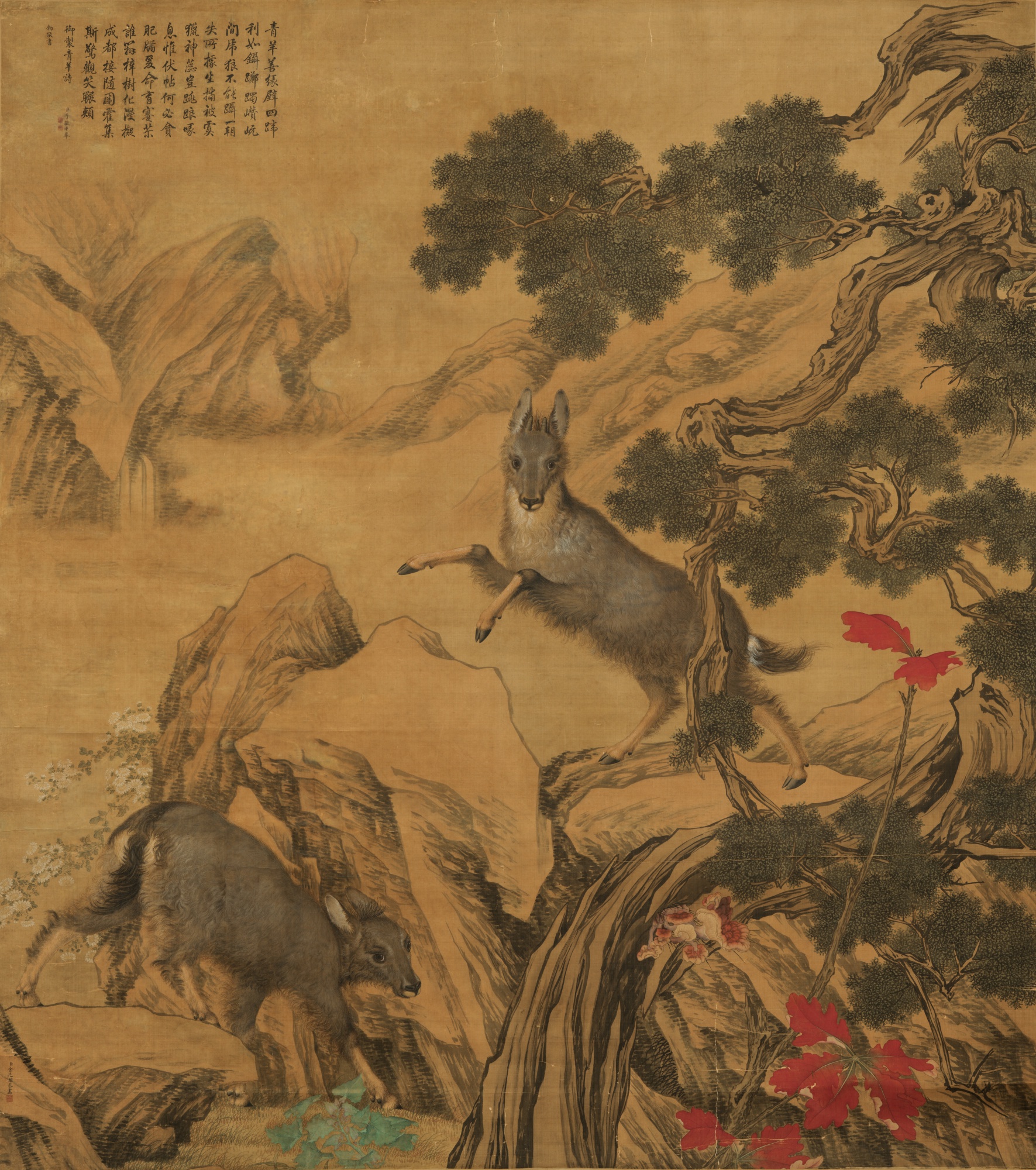 Unknown — 清乾隆二十四至二十五年（1759-1760年） 郎世寧、金廷標合繪《青羊圖》    設色絹本　立軸