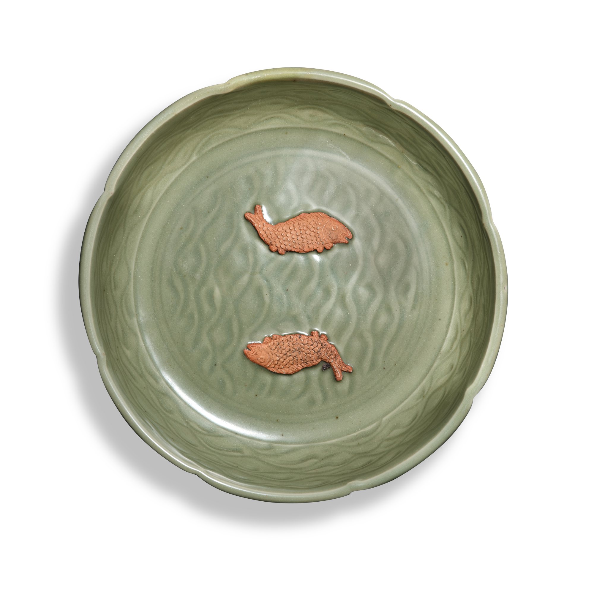 A Longquan celadon-glazed 'fish' washer — 元 龍泉青釉貼雙魚盤