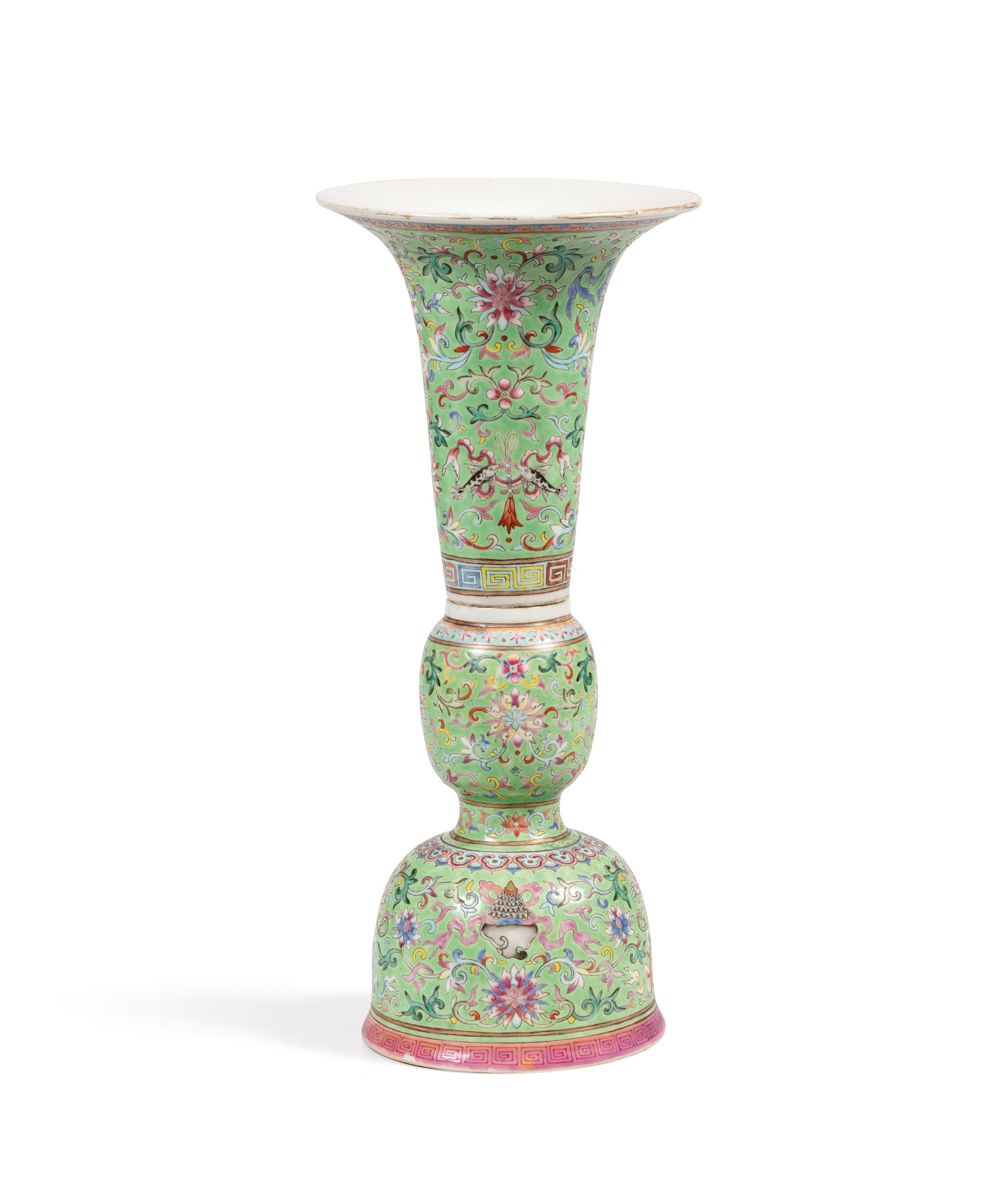 A lime-green ground famille-rose 'Bajixiang' vase — 清道光 綠地粉彩八吉祥番蓮紋花觚