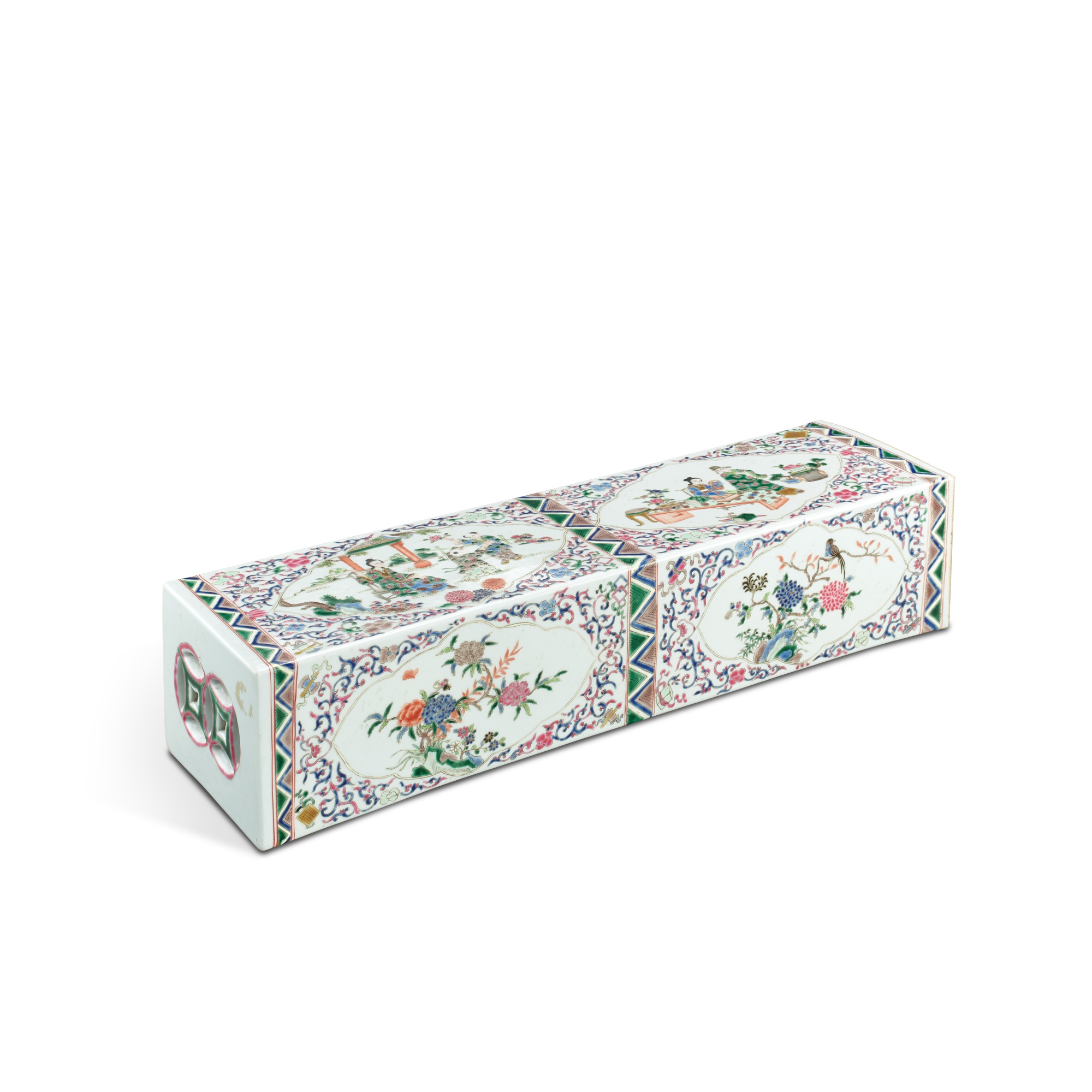 A famille-rose 'figures' pillow — 清十九世紀 粉彩人物四季花鳥圖枕