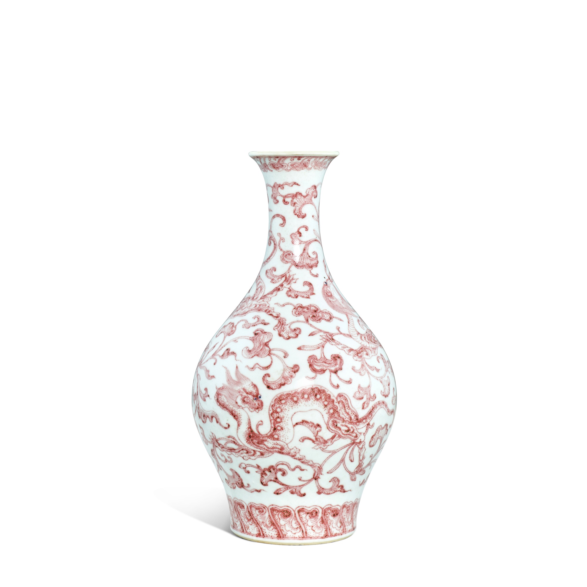 A copper-red and blue 'chilong' vase — 清乾隆 釉裏紅穿花螭龍紋橄欖瓶