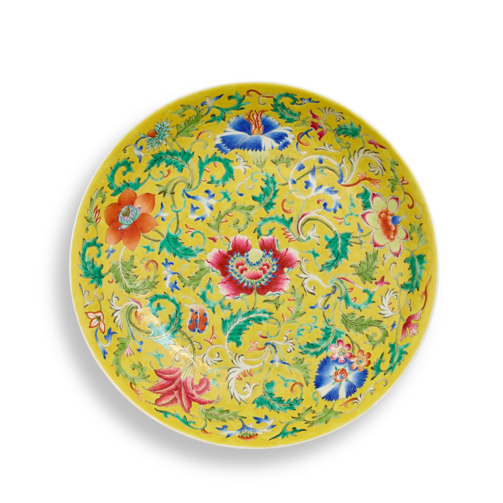 A yellow-ground famille-rose 'floral' dish — 清光緒 黃地粉彩花卉紋盤 《大清光緒年製》款