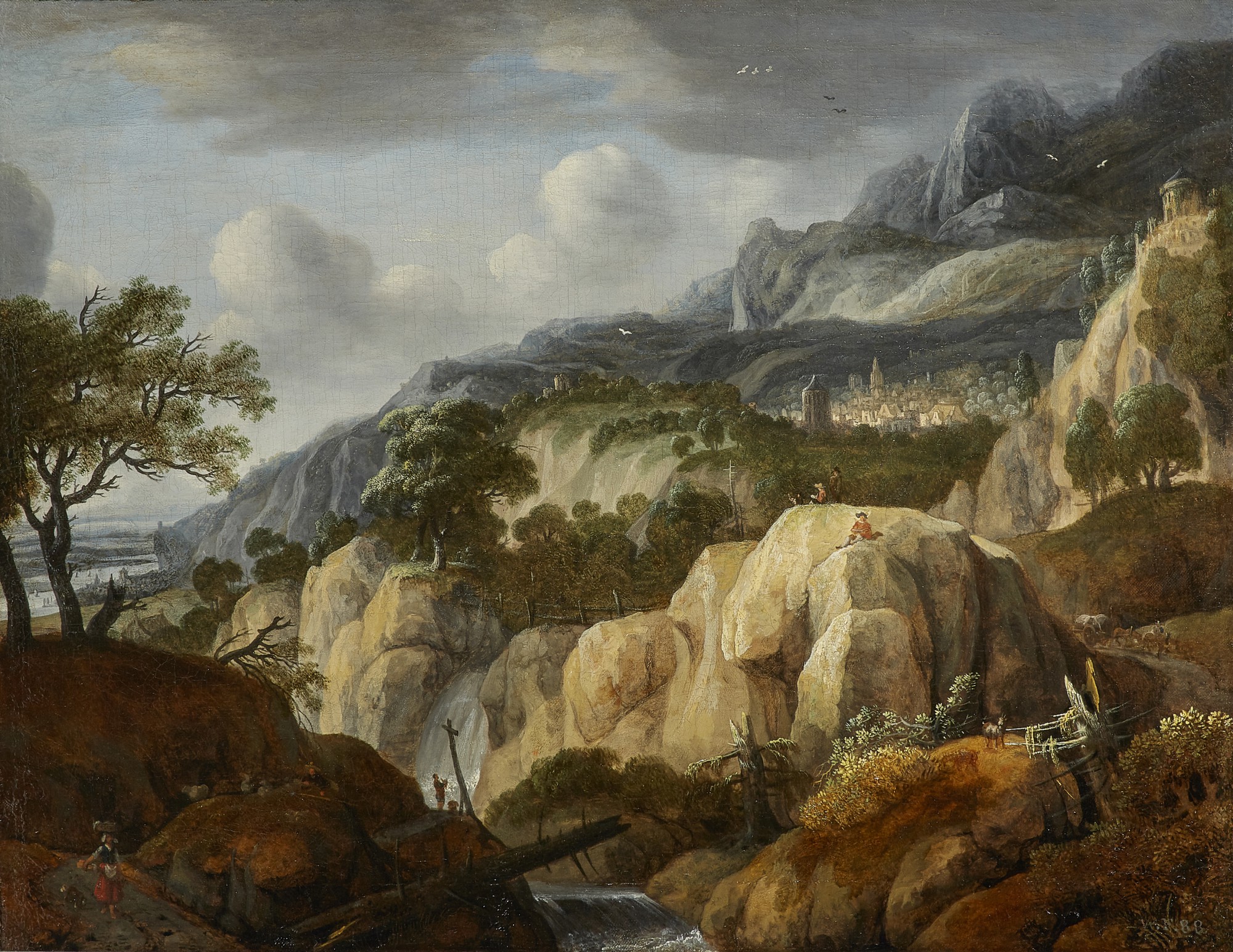 A Mountainous Landscape With Travellers On A Path Near A Waterfall And A Draughtsman On A Rock, A Town Beyond