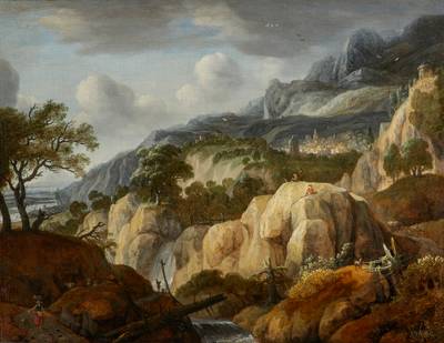 A Mountainous Landscape With Travellers On A Path Near A Waterfall And A Draughtsman On A Rock, A Town Beyond