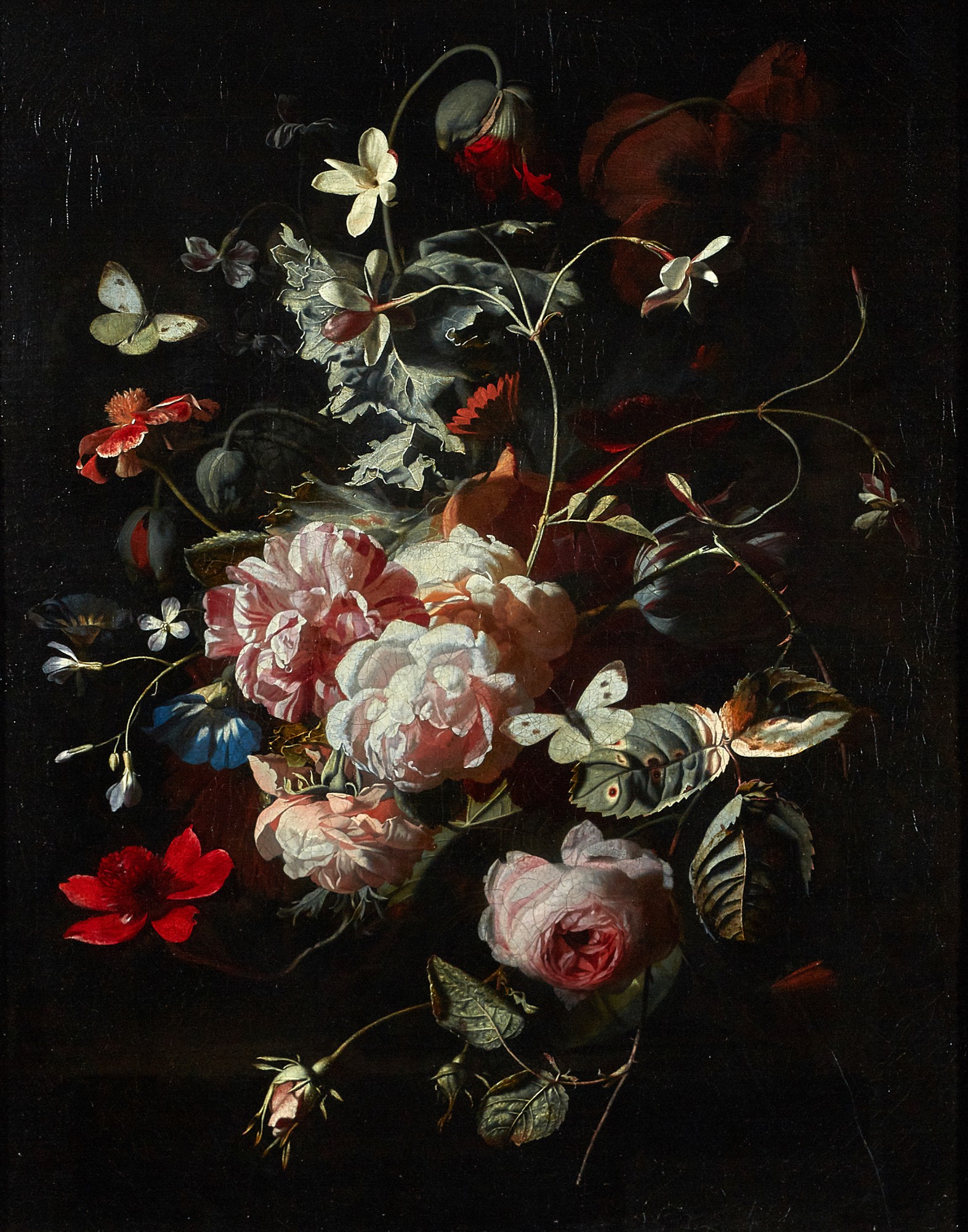 Simon Pietersz. Verelst — Still Life Of Pink Roses, Poppies, Jasmine And Other Flowers, In A Glass Vase On A Table, With Butterflies