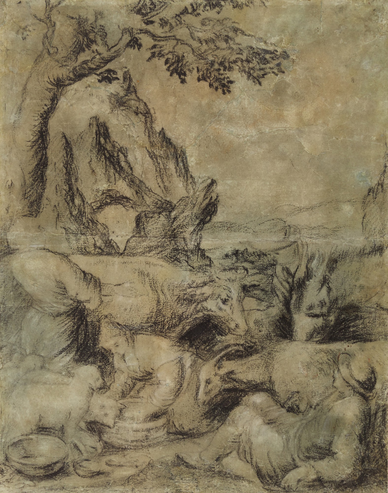 Attributed to Leandro Da Ponte called Leandro Bassano — Recto: Herdsmen and shepherds with their animals Verso: Head of a man, and a standing young workman