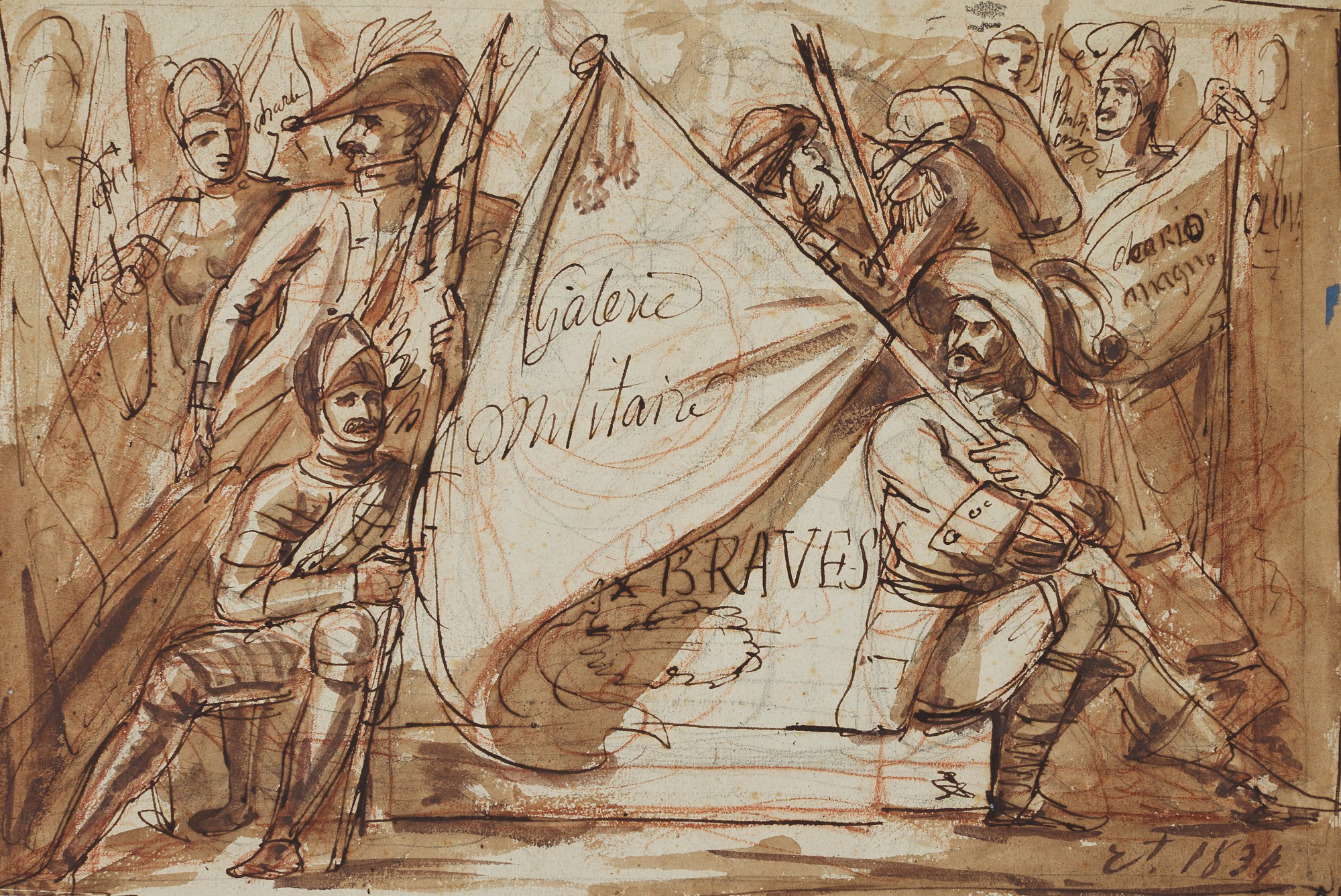 Design for a frontispiece with soldiers holding a flag