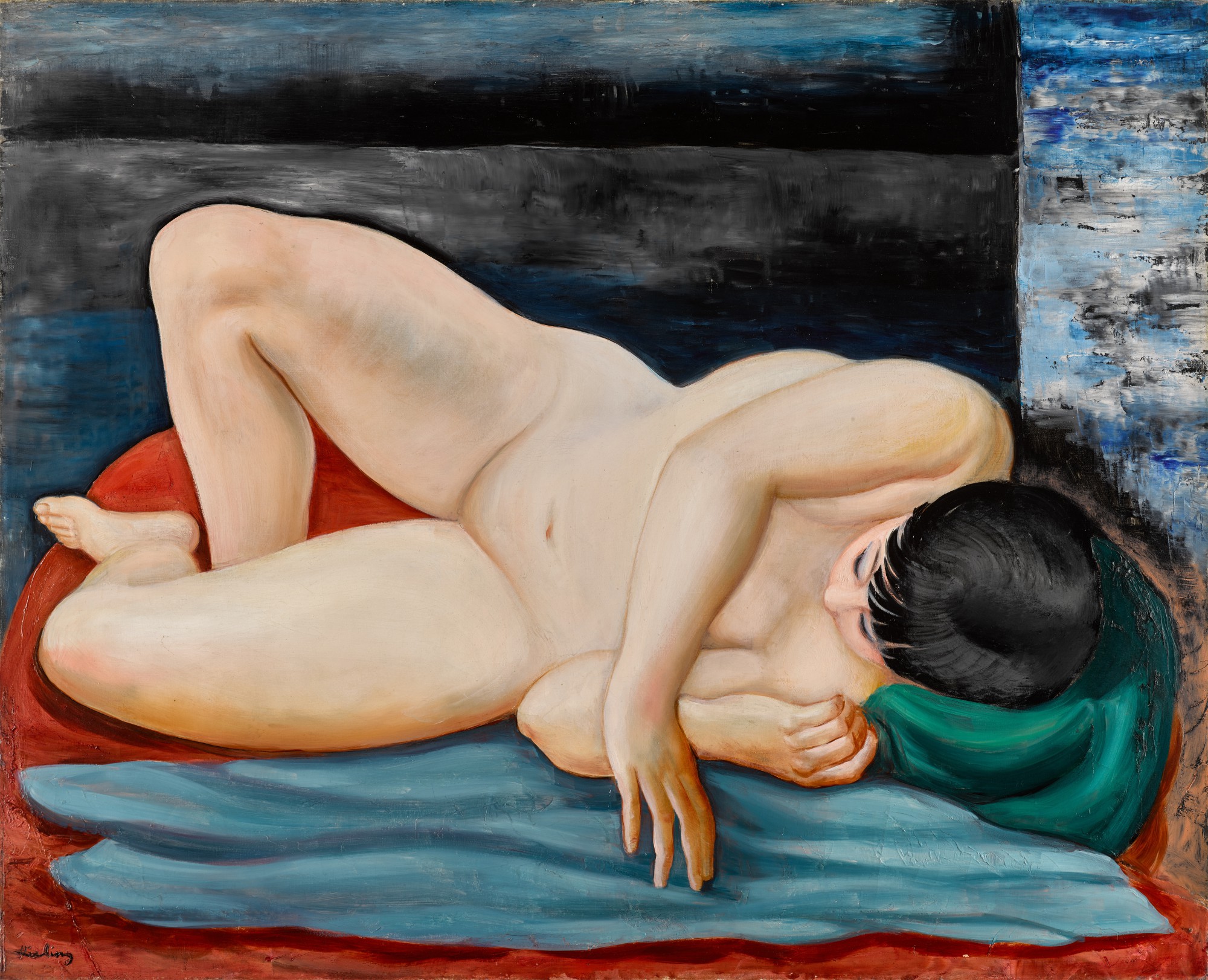 Moïse Kisling — Nu allongé sur drap rouge et vert