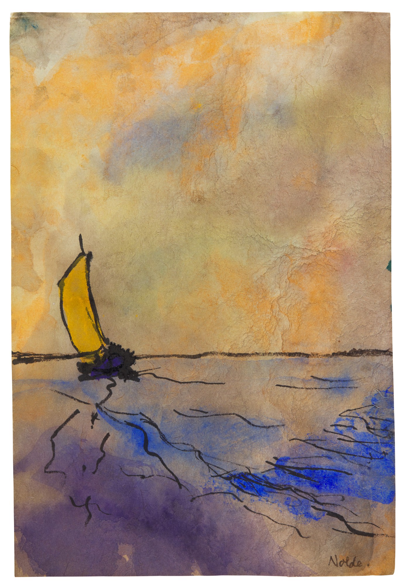 Unknown — Gelber Segler unter hohem Abendhimmel (Yellow sailing boat under evening sky)