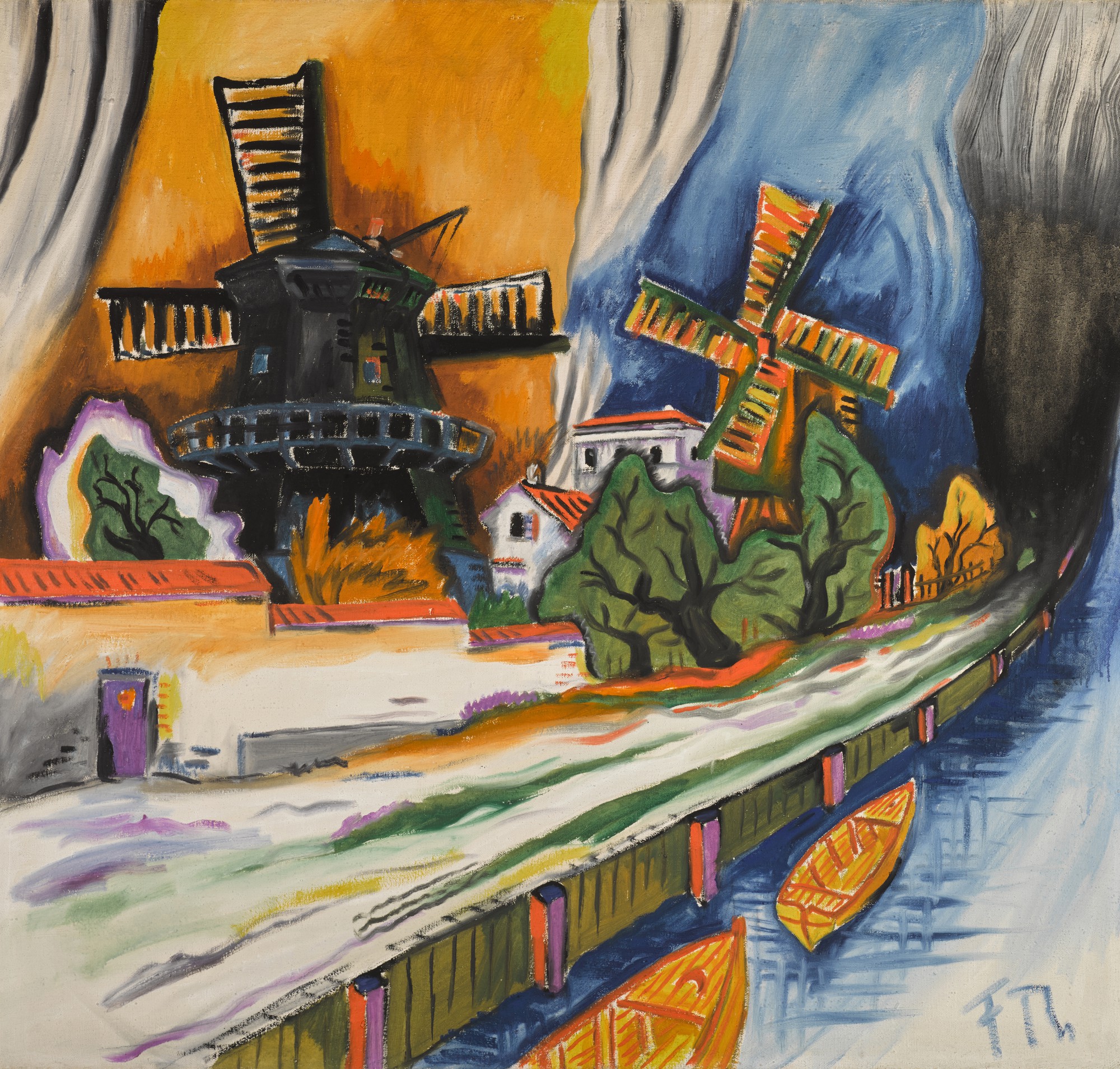 Franz Radziwill — Windmühlen am Kanal (Windmills on the canal) - recto Sitzende und weißes Huhn (Seated woman and white chicken) - verso