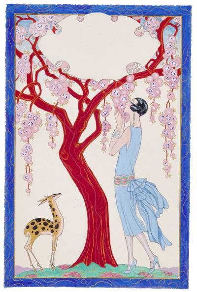 Femme, faon et arbre rouge