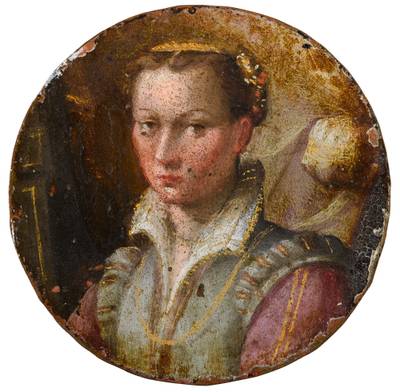 Portrait of a young woman, bust-length, in a green dress with pink sleeves