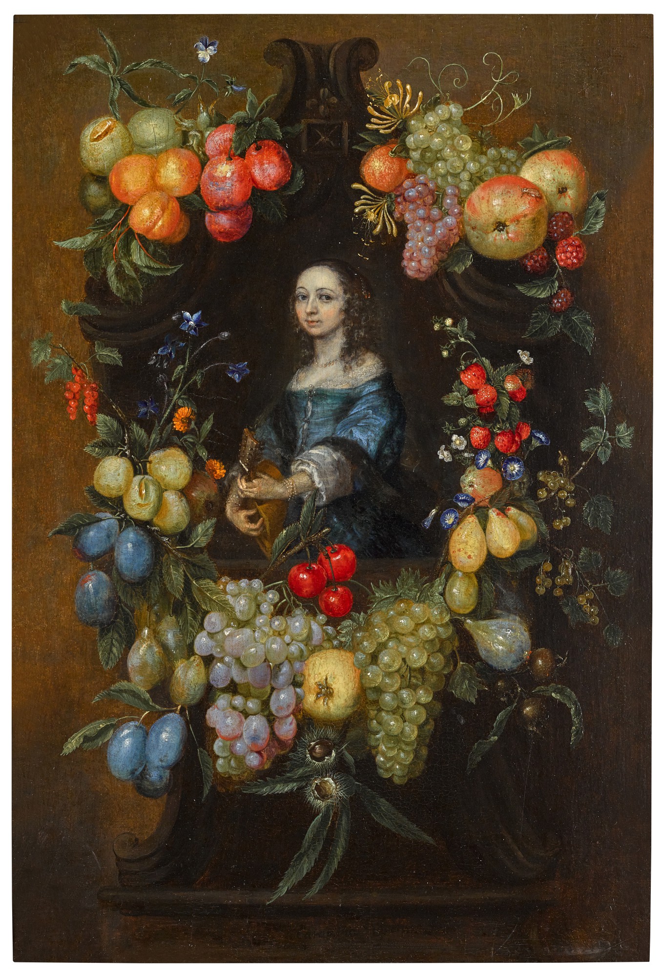 Unknown — A garland of fruit and flowers surrounding a portrait of a lady in a blue dress, holding a guitar